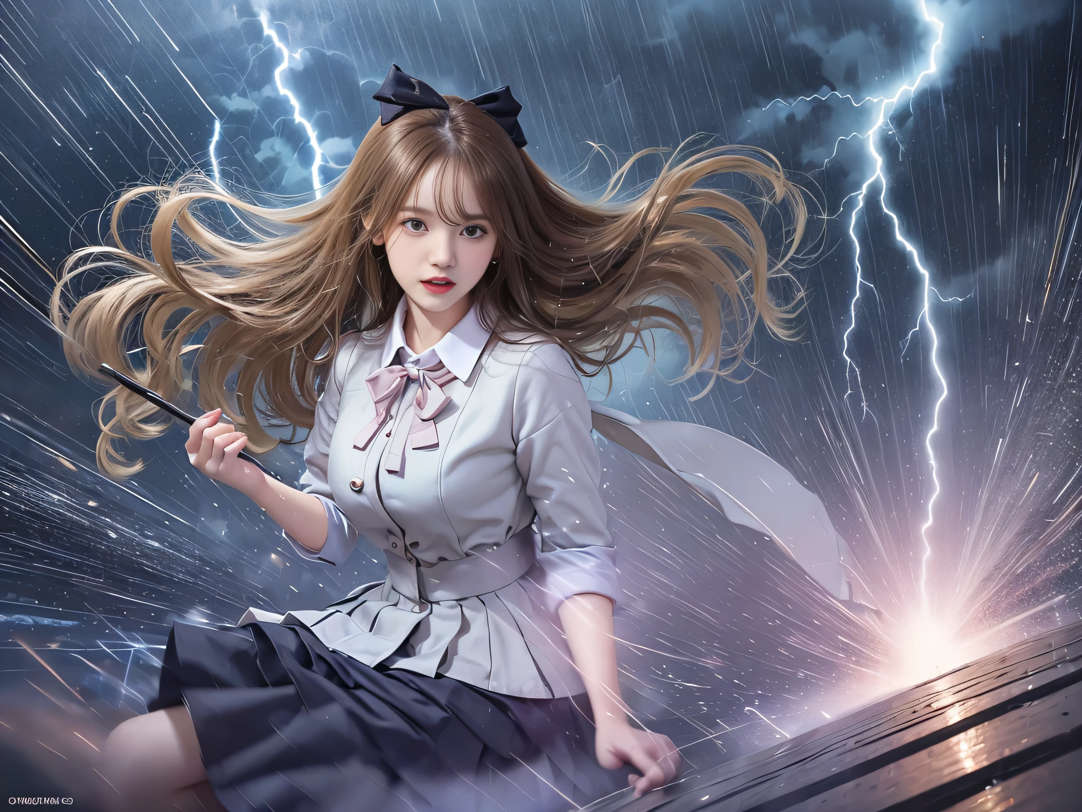highest quality、masterpiece、ultra high resolution、(Photoreal:1.4)、RAW photo、Detailed CG image quality、cyber punk、beautiful feces、(1 Magical Girl)、16 years old, (Twin-tailed brown hair:1.4), (white ribbon for hair), (platinum silver accessories:1.4)、(white school uniform:1.4)、(big breasts thin waist)、(purple eyes:1.3), (shining eyeysterious power:1.2), (Flying fast near the ground:1.4), (has a white wizard's wand:1.4), ((A pale ball of intense light emitted from the staff.:1.4)), (Lightning comes out from inside the body:1.4)、detailed portrait、8K quality、bright colors、concept art、cinematic and dramatic atmosphere、sharp focus、volume lighting、movie lighting、Acquire studio quality、(neon lighting)、written boundary depth、environmental lighting、blurred foreground、blurred background:1.3, (Rainy night:1.4), (((Severe lightning strike:1.4))), Detailed CG image quality, 8mm fisheye lens, Angle looking up from below:1.2, (whole body angle), Full body soaked, fast shutter speed,