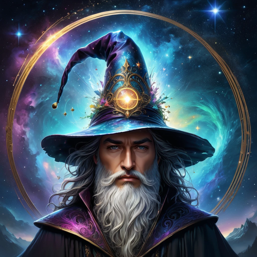(Magic Circle:1.5), aesthetic, extremely detailed, a tattered wizard's hat, hyperrealistic, hyperdetailed, photorealistic:: incredible composition, amazing depth, meticulously composed, 16k resolution concept art, fantasy :: fantasy magazine cover art, wizard's hat glowing with magic, wizard's hat showing stars and galaxies inside, deep color, ethereal, astral, hyperdetailed, intricately detailed, Unreal Engine, iridescent, twilight, by Arthur Rackham and Beeple and Josephine Wall and Leonid Afremov and Patrice Murciano and Carne Griffiths