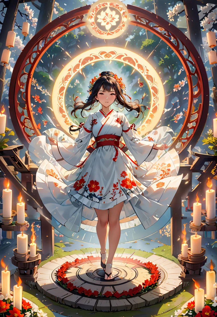 A captivating scene of a massive, intricate magic circle glowing with an ethereal light. The circle is filled with Asian-inspired symbols and patterns, surrounded by candles and incense. A miko, a traditional Japanese Shinto priestess, stands in the center, her hands outstretched and hair adorned with delicate flowers. She is clad in a traditional white kimono with a vibrant red obi, exuding a sense of serenity and power.