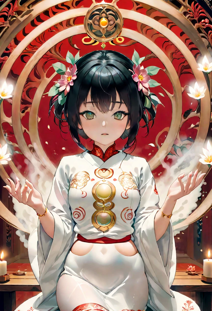 A captivating scene of a massive, intricate magic circle glowing with an ethereal light. The circle is filled with Asian-inspired symbols and patterns, surrounded by candles and incense. A miko, a traditional Japanese Shinto priestess, stands in the center, her hands outstretched and hair adorned with delicate flowers. She is clad in a traditional white kimono with a vibrant red obi, exuding a sense of serenity and power.