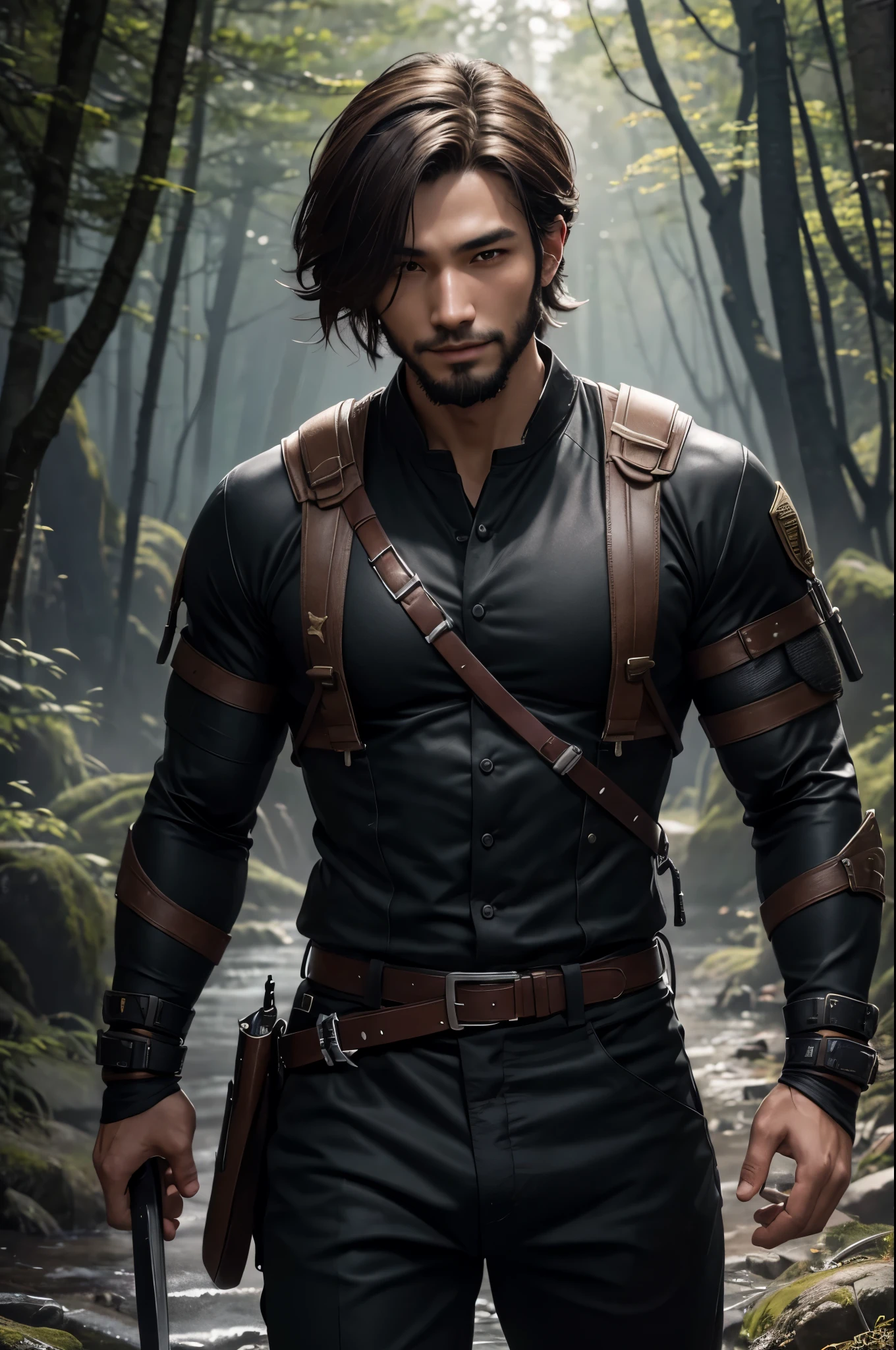 8k,Young boy with fancy brown medium bob hair,challenging atmosphere,muscular slim body,super realistic skin,Severely cracked abdominal muscles,black combat uniform,white inner shirt,Black combat pants,In the forest with a large and long Japanese sword,naughty smile,Big eyes,black eye,black combat uniformを着て身体を隠す,perfect hand shapeの詳細,comical pose,masterpiece,Photorealistic RAW photos of the highest quality。bright colors,rich colors, Backlight, cinematic lighting, film grain, to be born, 50mm lens, Nikon D850,detailed character art,fantasy art,ultra high resolution,super realistic skin,perfect hand shape,mountain path,persona 4(Hanamura Yosuke),wild(super realistic skin),Stylish one-point beard,Yuichi Nakamura,