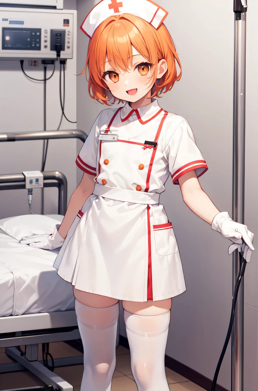 1boy, solo, male focus, nurse, white nurse cap, white nurse uniform, ((white legwear, zettai ryouiki)), white gloves, short hair, orange hair, smile, open mouth, standing, ((hospital room)), sharp outline, short sleeves, shota, 12 years old, best quality, masterpiece