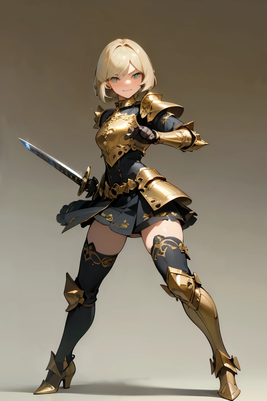 Masterpiece, best quality, very detailed, ((full body)), 1man, ((solo)), femboy, (effeminate), knight, long hair, (golden hair), ((bob haircut)), looking at viewer, extremely detailed eyes, (golden eyes), blushing slighly, serious grin, detailed nose, spiked pauldrons, (golden ornaments), ornate chest plate armor with gemstones, (blue gemstones), dented details on armor, belts and buckles on waist, deteriorated Greaves, ripped leather skirt, black thigh highs, (thick thighs), great sword ((two handed white steel sword, gold detailed cross-guard, black leather grip)), standing, figting, ((fight, fighting stance, combat pose, holding sword, fighing)), simple background, dark ambiance, ambiance light