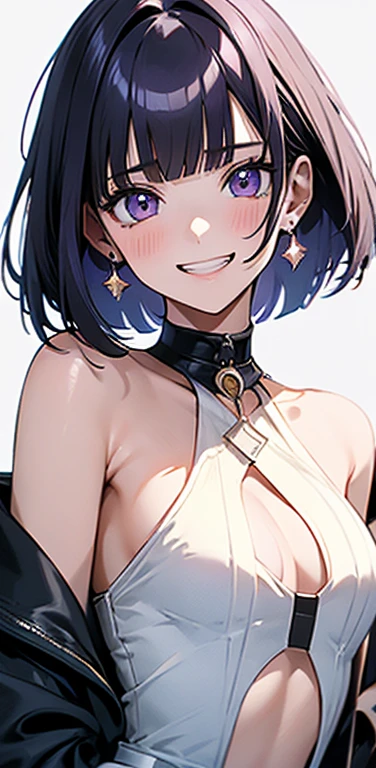 (8K、highest quality、masterpiece:1.2)、Super detailed、super resolution、Realistic、(1girl) 、(purple hair)、short hair。(blunt bangs:1.5),pink eyes、(face focus,upper body),(glowing eyes:1.4),()、(grin:1.3),open mouth、cute face,blush、small breasts,(simple background),((virgin destroyer sweate))