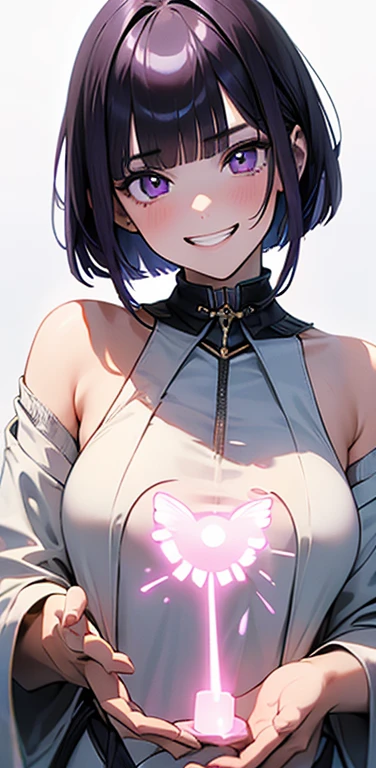 (8K、highest quality、masterpiece:1.2)、Super detailed、super resolution、Realistic、(1girl) 、(purple hair)、short hair。(blunt bangs:1.5),pink eyes、(face focus,upper body),(glowing eyes:1.4),()、(grin:1.3),open mouth、cute face,blush、small breasts,(simple background),((virgin destroyer sweate))