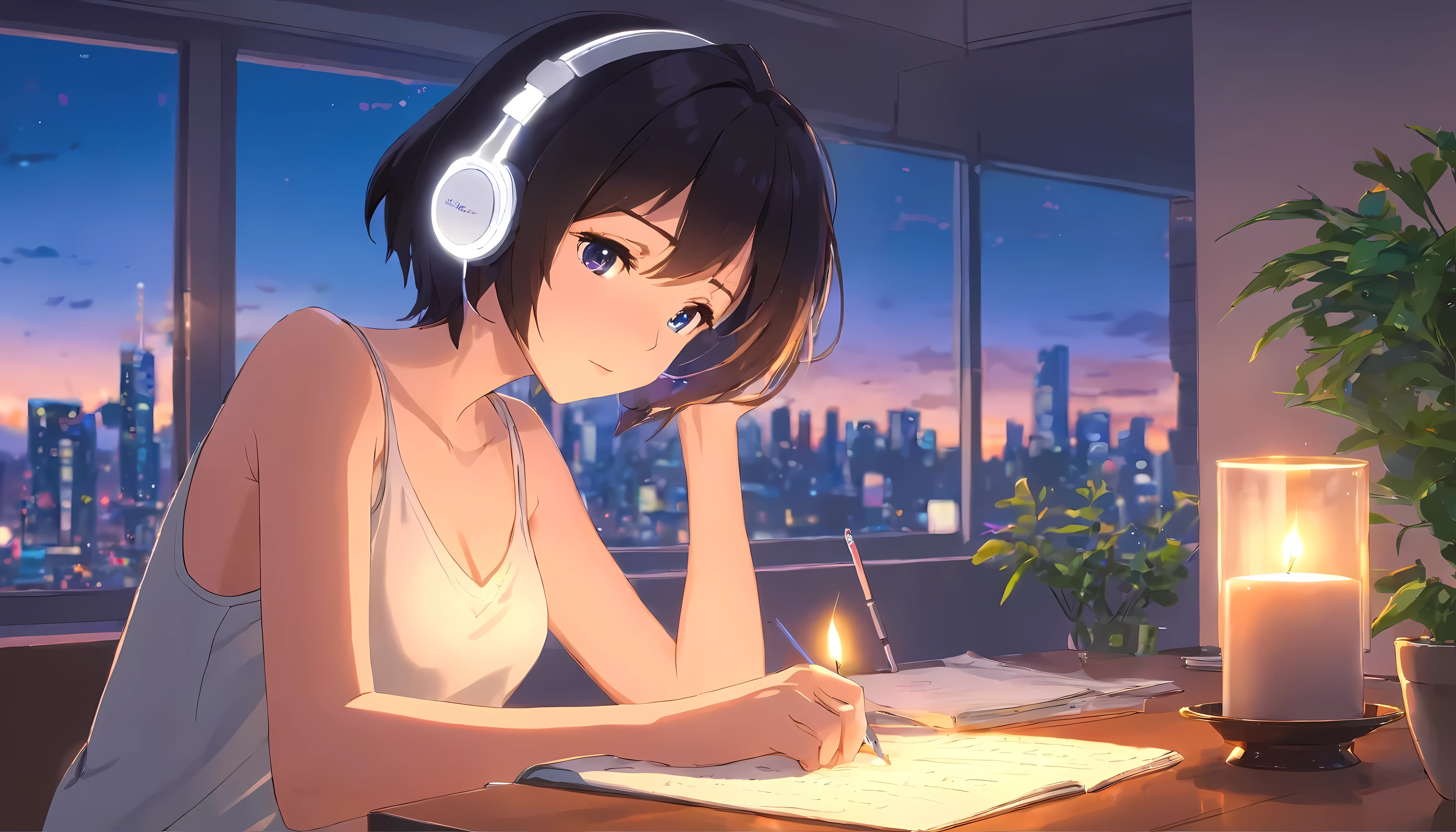 anime girl wearing White headphoness, looking at candles, black hair, 27 years old, Tank top, exposed cleavage, big breasts F cup, expose one's skin, lofi girl anime atmosphere, Lofiatostyle, anime style 4k, anime aesthetics, Nightcore, Lofi feeling, Lofiato, anime art wallpaper 4k, anime wallpaper 4k, Lo-fi atmosphere, study, plants in the room, I have a pen, write in notebook, Mug on the table, lit candle on the table, City view, sunrise, White headphones, anime style, cinematic lighting, Sony FE manager, masterpiece, highest quality, 4k