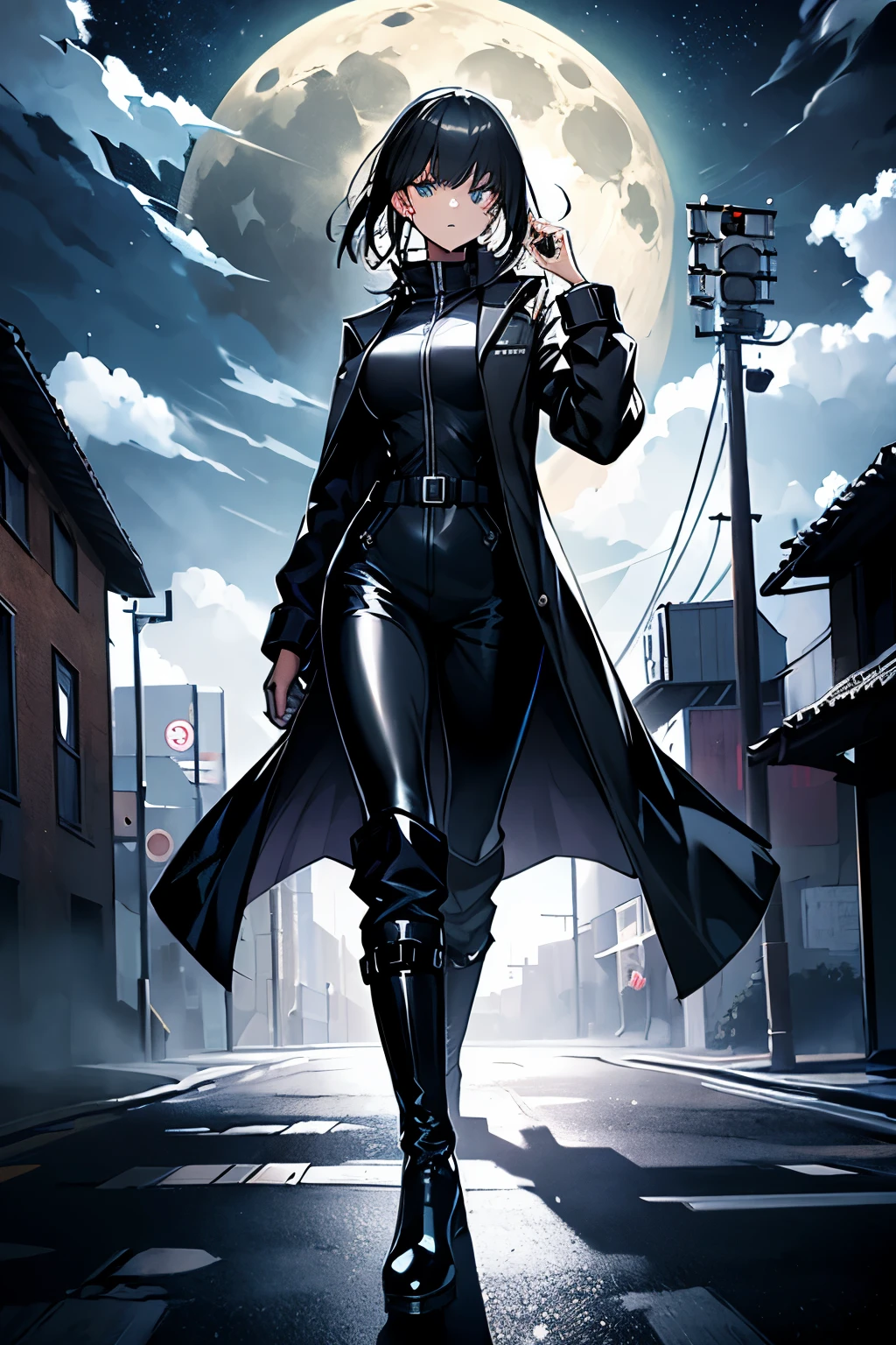 A woman, freshly washed short black hair, bright light blue eyes, pale skin, detailed eyes, detailed face, expression of fear. black latex jumpsuit covering her entire body, black overcoat, black combat boots with heels. She wields two pistols towards the camera. moonlit night, clouds near the moon, dark environment, medieval city full body photo lineart