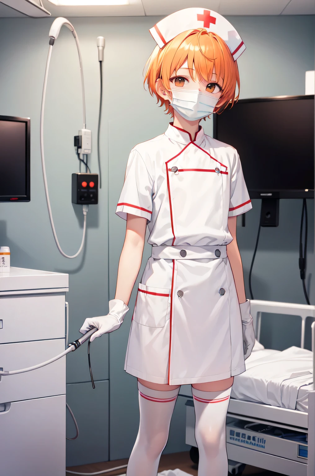 1boy, solo, male focus, nurse, white nurse cap, white nurse uniform, ((white legwear, zettai ryouiki)), white gloves, short hair, orange hair, ((white surgical mask, covered nose)), standing, ((hospital room)), sharp outline, short sleeves, shota, , best quality, masterpiece