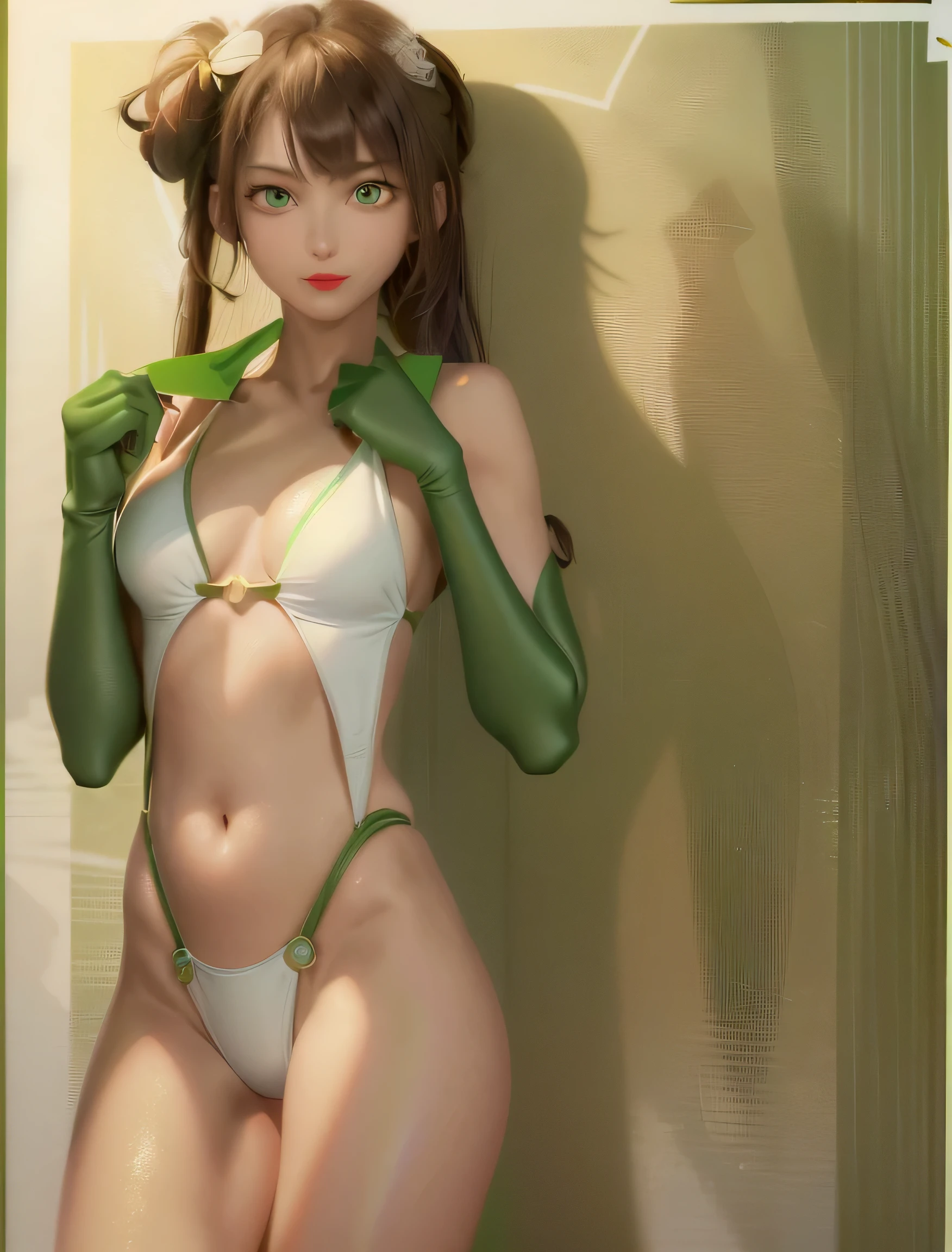 Optimal,masterpiece,High resolution,highest quality,hyper hd,Super detailed,award-winning,16k,alone,((17 year old girl,skinny、 long brown hair,green eyes ,wear a slingshot swimsuit,firm round chest,、small breasts、 open belly, , smug face, pale red lips、))、Background daytime sandy beach、