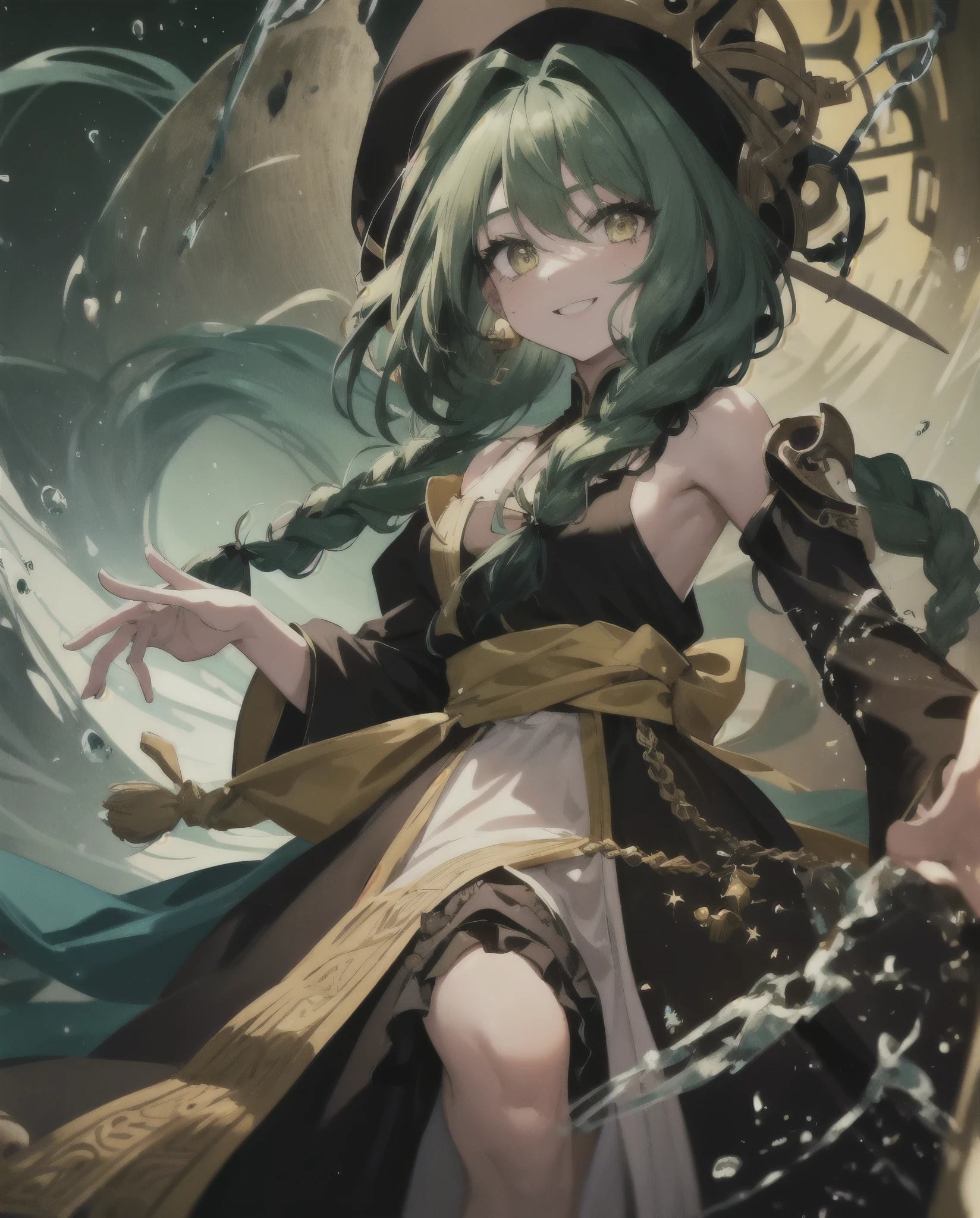 1girl( late teen ); hair( {green}, shoulder length, two braids ); calm (yellow) eyes; ((1 black beauty spot on her cheek)); mysterious smile; wear( brown robe, apron, longskirt ); full body; scary great hermit crab is a hat; labyrinth;