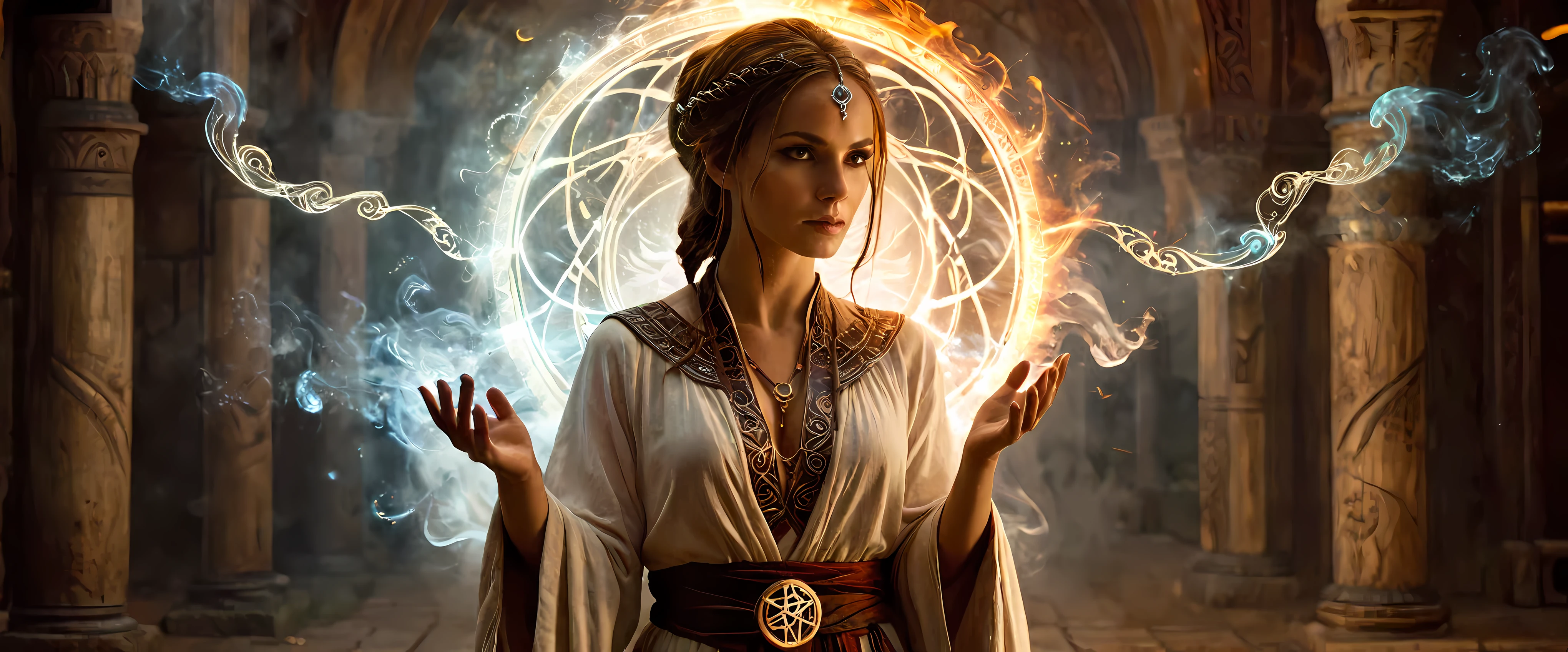 "Summoning Sorcery: Conjuring the Magic Circle with a Mage" | Begin with a detailed depiction of a female mage: standing in a confident stance, adorned in flowing robes adorned with intricate patterns and symbols. | Render the mage with realistic facial features and expressions, conveying determination and focus as she interacts with the magic circle. | Design the magic circle with precision and intricacy: symmetrical, with finely drawn runes and inscriptions encircling its perimeter. | Ensure the runes and inscriptions are legible yet mysterious, hinting at ancient languages and arcane knowledge. | Illuminate the magic circle with a soft, ethereal glow emanating from the runes, casting gentle light upon the surrounding environment. | Incorporate subtle animations within the circle, such as flickering or pulsating, to convey the dynamic energy of the magic being wielded. | Pay attention to lighting and shadows: position the mage and magic circle to interact realistically with light sources, creating depth and realism in the scene. | Surround the mage with elements of the arcane: swirling mists, crackling energy, or wisps of magical essence that complement her spellcasting. | Consider the mage's gesture and posture: outstretched hands, focused gaze, and subtle movements that indicate her control over the magic being channeled. | Integrate atmospheric effects to enhance the scene: wisps of smoke, glowing embers, or subtle distortions in the air that add to the mystique of the moment. | Maintain a balance between realism and fantasy, ensuring that the magic circle and mage are grounded in believability while still evoking a sense of wonder and enchantment. | Throughout the process, prioritize attention to detail, composition, and the portrayal of the mage's connection to the mystical energies she commands.