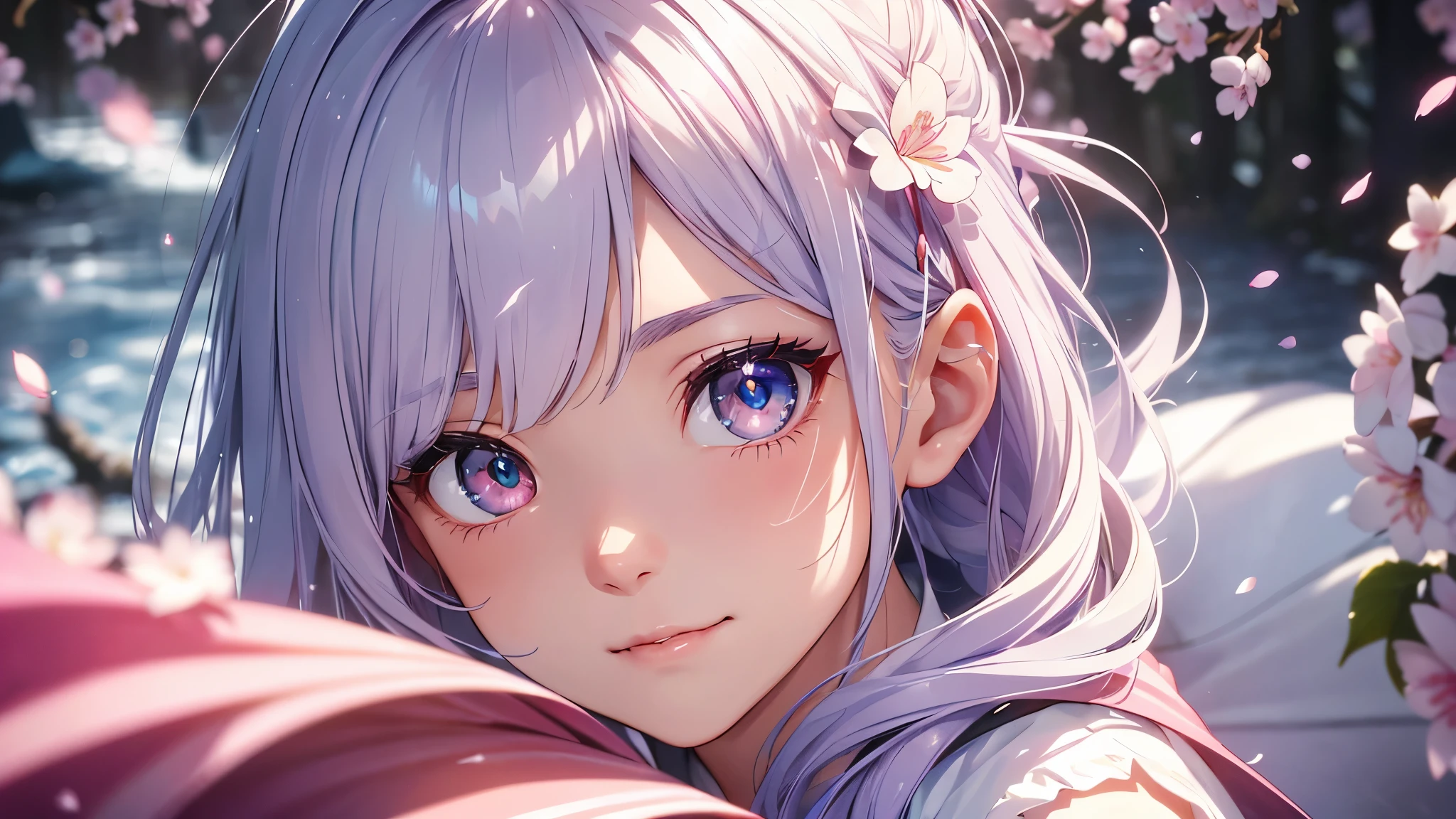 1 girl、bluish silver hair、(droopy iris of heterochromia,glowing eyes:1.4)、、、big smile、slender、blurred background、glow、shining hair、(spring、cherry blossom petals dancing in the wind、from above、There&#39;s a girl on the other side of the cherry blossoms:1.3),ambient occlusion、ambient light、raytracing reflections、Best quality、photorealistic、super detail、delicate、orderly、high detail、