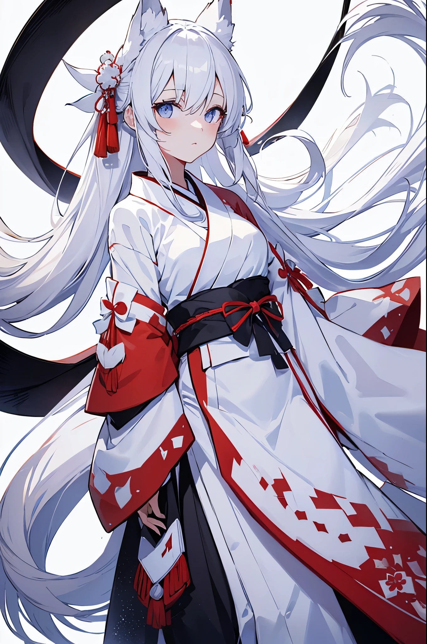 White very long hair, white Fox ears, nine fox tails, large breasts, white blue line Hakama, white cherry Kimono, black Obi, full body, (no background, white background:1.3), battou,