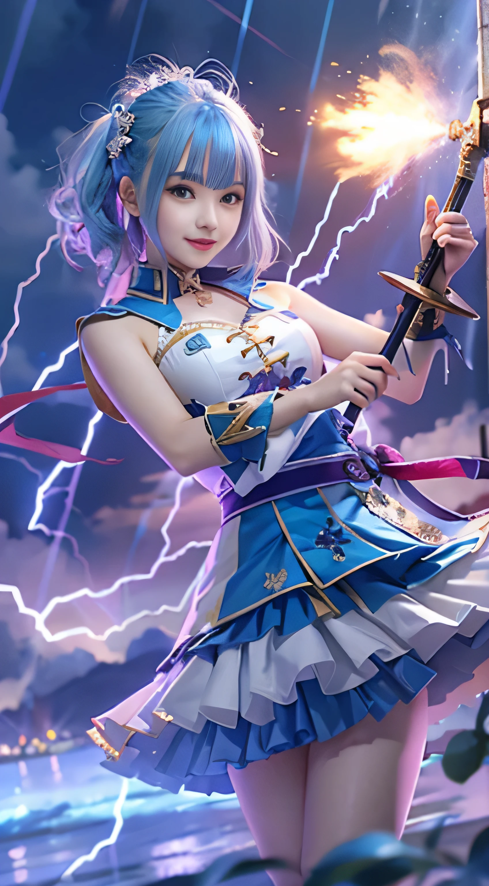 RAW image quality, 1 girl, , Japanese, On the Stormy Battlefield, A woman wearing a blue and white lolita costuield a weapon infused with the power of the Fire Element.(( lightning danced next to her)), Reflecting the strength of her determination,Because she embodies the power of natural forces in battle.official art, 8k wallpaper, Super detailed, beautiful and aesthetic, beautiful, masterpiece, highest quality,(Pay attention to the thighs),pretty face,naughty smile, eye details,(Wind,Softly shining blue hair,flowing skirt),