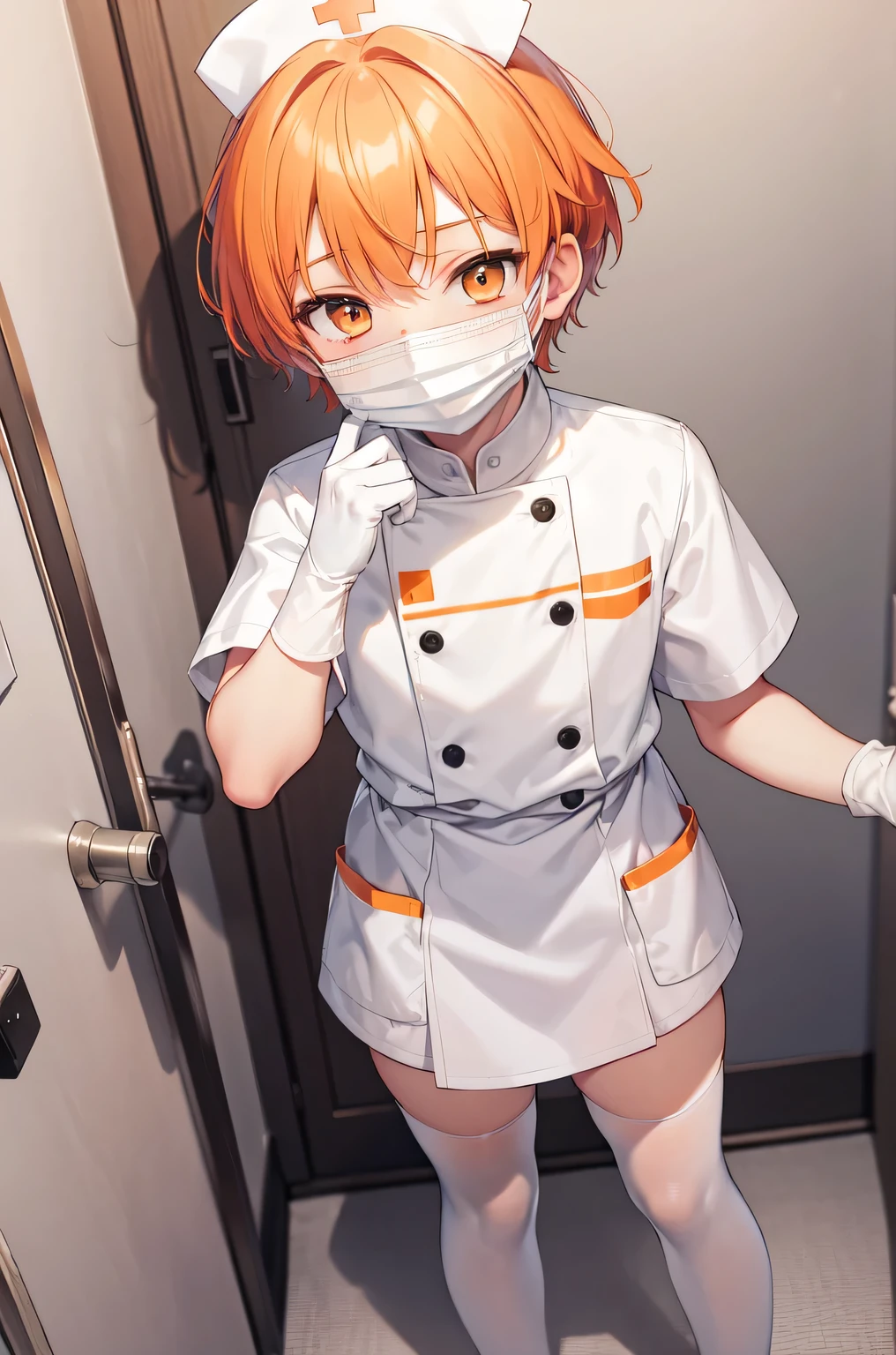 1boy, solo, male focus, nurse, white nurse cap, white nurse uniform, ((white legwear, zettai ryouiki)), white gloves, short hair, orange hair, ((white surgical mask, covered nose)), standing, ((hospital room)), sharp outline, short sleeves, shota, 12 years old, best quality, masterpiece