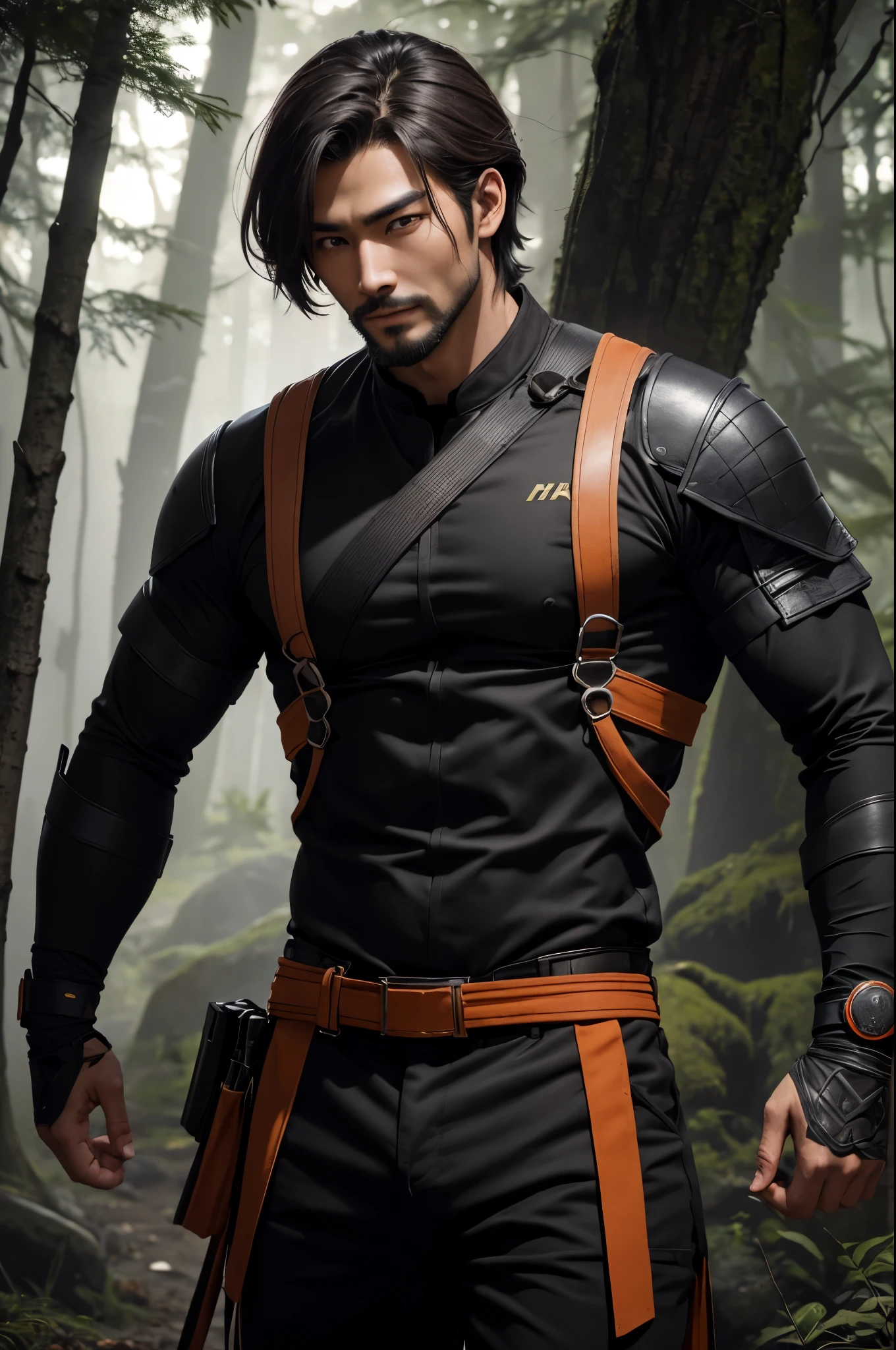 8k,Young man with fancy brown medium bob hair(24-years-old),challenging atmosphere,muscular slim body,super realistic skin,Severely cracked abdominal muscles,black and orange combat uniform,white inner shirt,black and orange combat pants,In the forest with a large and long Japanese sword,naughty smile,Big eyes,black eye,Wear black combat uniform to hide your body,perfect hand shapeの詳細,comical pose,masterpiece,Photorealistic RAW photos of the highest quality。bright colors,rich colors, Backlight, cinematic lighting, film grain, to be born, 50mm lens, Nikon D850,detailed character art,fantasy art,ultra high resolution,super realistic skin,perfect hand shape,mountain path,people４(Hanamura Yosuke),wild(super realistic skin),one point beard,アジアpeople,