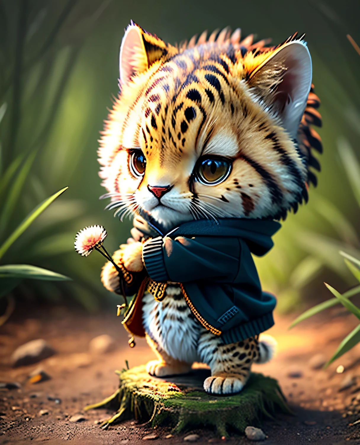 best image quality、"cute動物たちの傑作を作成しましょう、Cheetah、（The place is a forest）, high detail, In 8K、best image quality、dressed as an adventurer、With shuriken in hand、Ninja Hero Costume、(((cute)))、