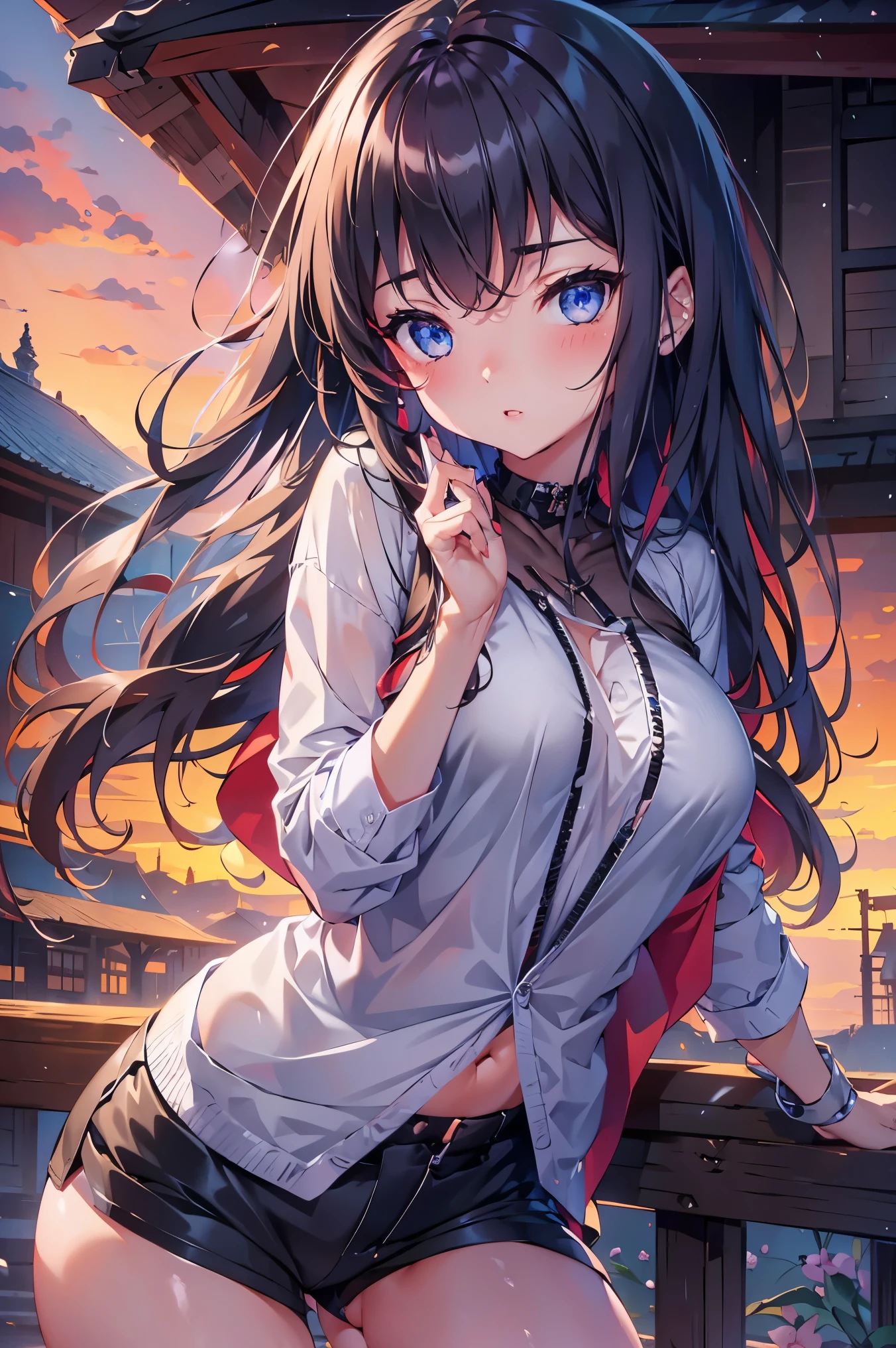 1 female、whole body、bottom angle、brown hair、long hair、well-groomed face、dense lips、blue eyes、blue cardigan、valley、slim、black shorts、cherry blossoms、cherry blossoms吹雪、petal、hot spring town、old buildings、sunset、masterpiece、ultra high resolution、delicate、perfect lighting、sunlight、16K
