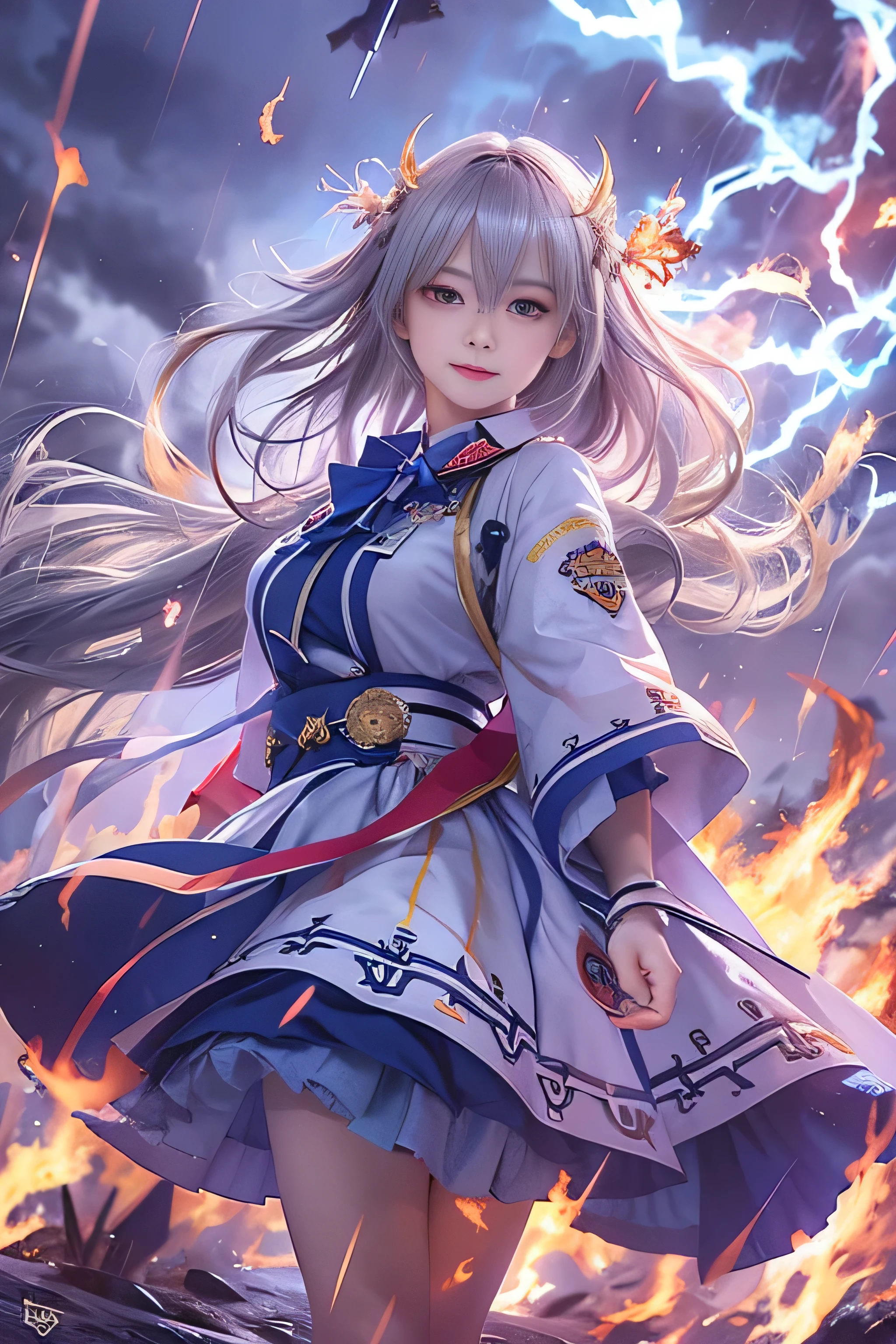 RAW image quality, 1 girl, , Japanese, On the Stormy Battlefield, A woman wearing a blue and white lolita costume、Wield a weapon infused with the power of the Fire Element.(( lightning danced next to her)), Reflecting the strength of her determination，Because she embodies the power of natural forces in battle.official art, 8k wallpaper, Super detailed, beautiful and aesthetic, beautiful, masterpiece, highest quality，(Pay attention to the thighs)，pretty face，naughty smile, eye details，(Wind，straight, bright silver hair，flowing skirt)，(Fierce flames burning at your fingertips:1.4),