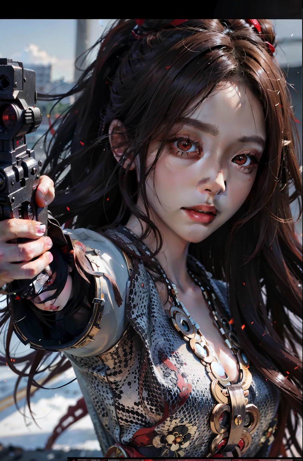Best quality, masterpiece, ultra high res, (photorealistic:1.4), raw photo, 1girl, off shoulder, cinematic lighting, apocalypse, ruins, war, (dirty face), lowkey, (film grain:1.0), (floating dust particle:1.2), dust, blood stains, sad, long hair