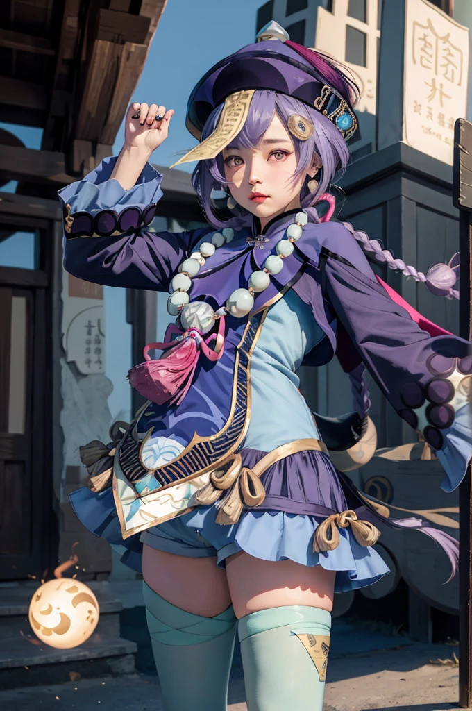 masterpiece, best quality, , 1girl, qiqi (genshin impact), solo, thighhighs, hat, purple hair, white thighhighs, hair ornament, braid, qing guanmao, long sleeves, purple eyes, long hair, jewelry, parted lips, wide sleeves, ofuda, purple headwear, bangs, looking at viewer, outstretched arms, standing on one leg, beads, blush, shorts, dress, bead necklace, jiangshi, yin yang, single braid, black footwear, orb, necklace, blue dress, coin hair ornament, hair between eyes, very long hair, purple jacket, standing, snowflakes, shoes, cropped jacket, jacket, :o, sleeves past wrists, braided ponytail, vision (genshin impact), short shorts, bandaged leg, earrings, blue shorts, bandages, leg up, chinese clothes, yin yang orb,