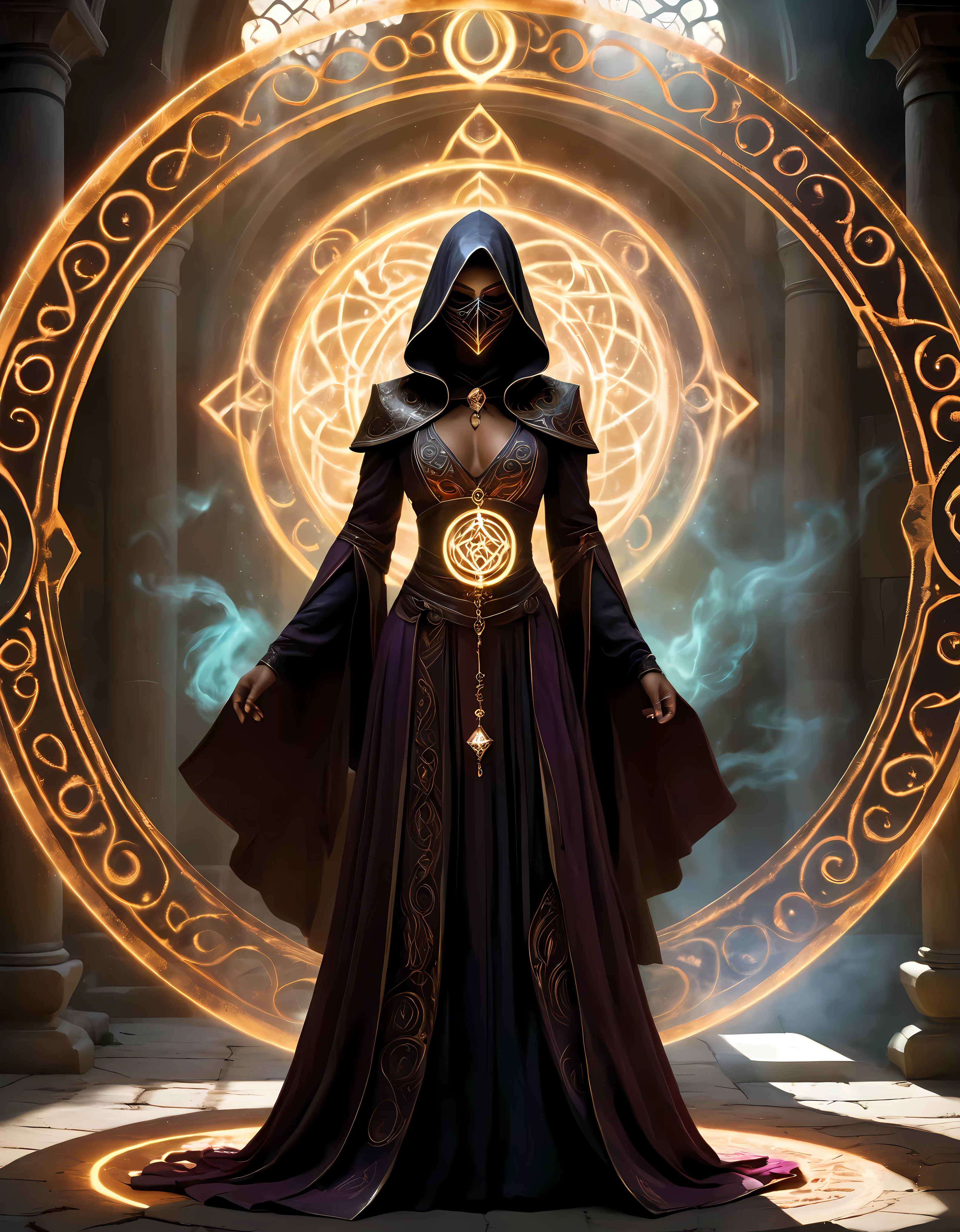 Title: "Veiled Enchantment: Conjuring the Magic Circle with a Masked Mage"

Prompt:

1. Begin by crafting a masked female mage: standing tall and imposing, her features obscured by an ornate mask adorned with intricate designs.

2. Design the mage's attire: flowing robes embellished with symbols and sigils, hinting at her proficiency in the arcane arts.

3. Render the mask with realism and detail, incorporating subtle textures and reflections to convey its craftsmanship and mystique.

4. Position the mage above the magic circle, her stance commanding and poised, as she prepares to unleash her powers upon the world.

5. Create the magic circle with meticulous precision: concentric rings of glowing runes and inscriptions etched into the ground, radiating with ethereal light.

6. Ensure the runes and inscriptions are legible yet cryptic, hinting at ancient languages and forgotten spells.

7. Illuminate the magic circle with a soft, pulsating glow, casting shadows and highlights that dance across the surrounding environment.

8. Integrate the mage's presence into the scene: subtle gestures and movements that indicate her control over the magic being channeled.

9. Consider the interaction between the mage and the magic circle: the intensity of her focus, the flow of energy between them, and the power she commands.

10. Surround the mage with elements of mystery and intrigue: swirling mists, flickering flames, or spectral apparitions that enhance the sense of enchantment.

11. Pay attention to lighting and shadows: position light sources to accentuate the mage's silhouette and the intricate details of the magic circle.

12. Maintain a balance between realism and fantasy, ensuring that the masked mage and her mystical surroundings evoke a sense of wonder and awe.

13. Throughout the process, prioritize attention to detail, composition, and the portrayal of the masked mage's enigmatic presence and mastery of the arcane.