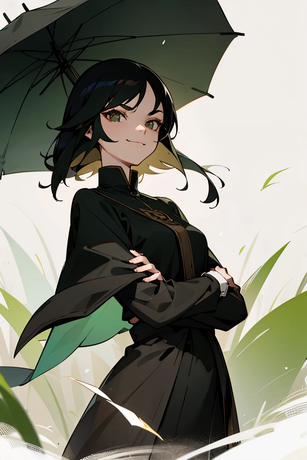 avatar, black hair, young female, grass, black cape, hazel eyes, black shirt, medium length hair, raining, evil smirk