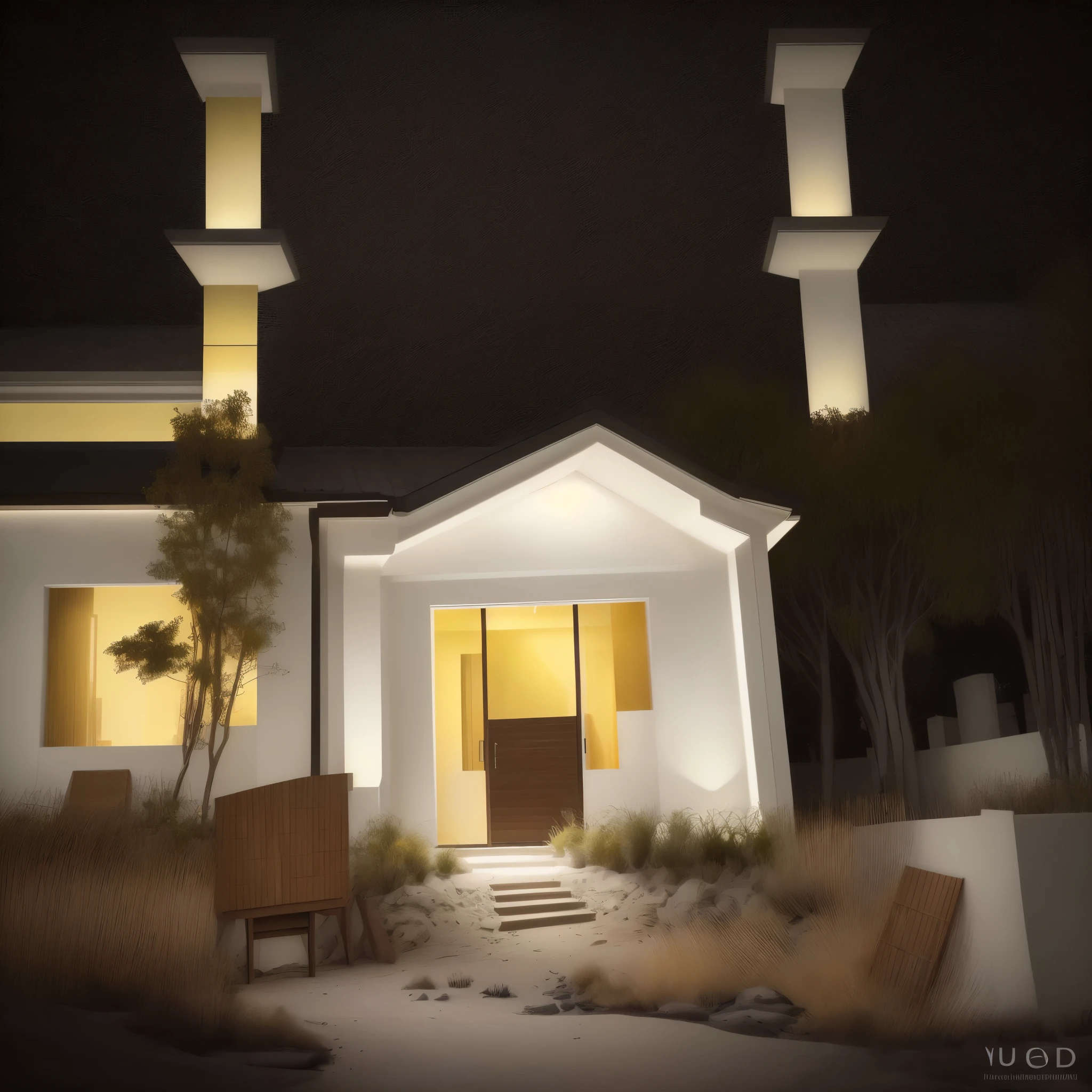 RAW high photo, outdoor, 1 house architecture, (elegant), (white wall and glass and wood), dark night sky, (Luxury home with exquisite finishing:1.3), wood, (warm yellow light in the interior), nightime, (high detailed:1.2), 8k uhd, dslr, soft lighting, quality, film grain, Fujifilm XT3