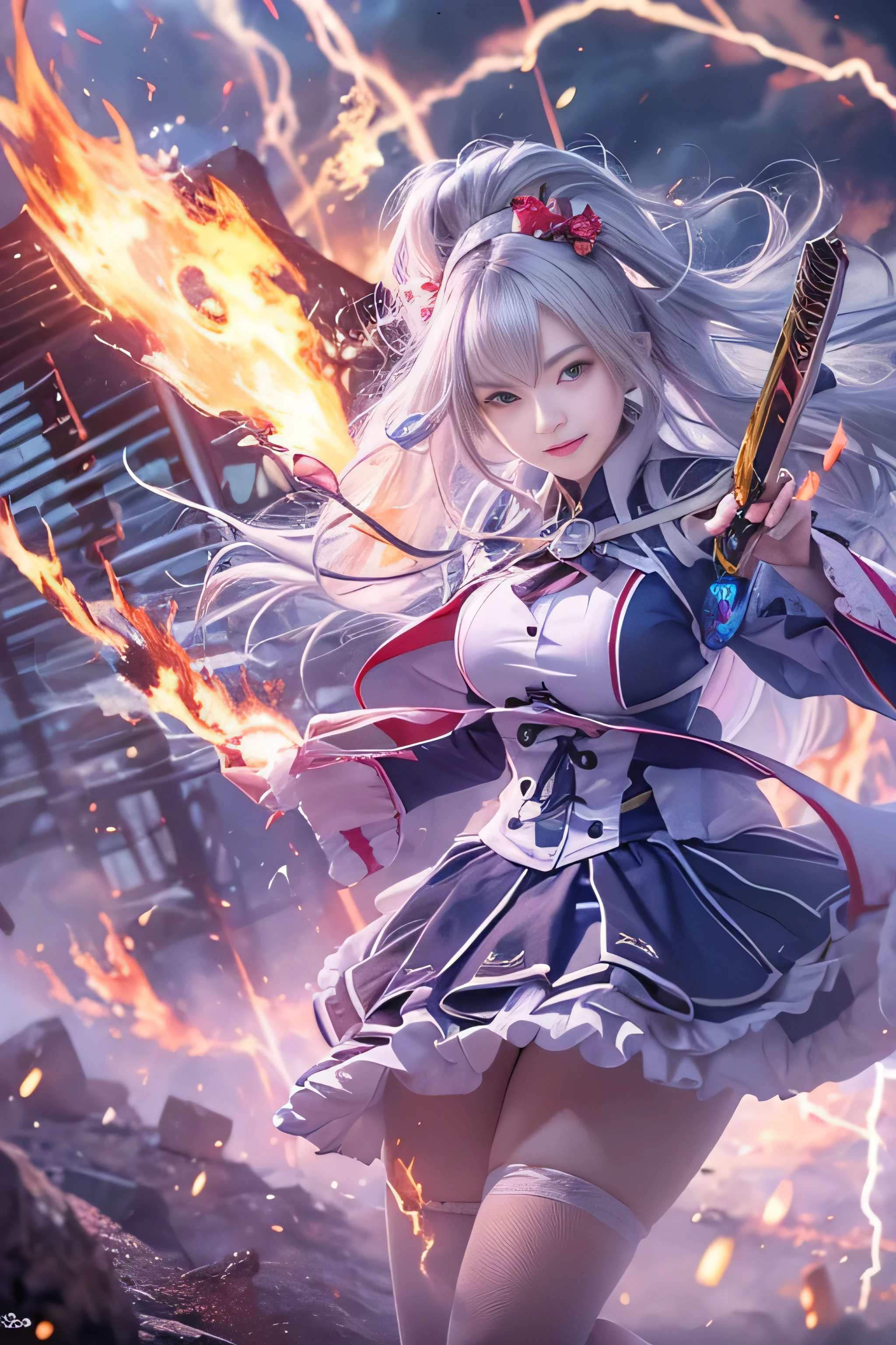 RAW image quality, 1 girl, 15 years old, Japanese, On the Stormy Battlefield, A woman wearing a blue and white lolita costume、Wield a weapon infused with the power of the Fire Element.(( lightning danced next to her)), Reflecting the strength of her determination,Because she embodies the power of natural forces in battle.official art, 8k wallpaper, Super detailed, beautiful and aesthetic, beautiful, masterpiece, highest quality,(Pay attention to the thighs),pretty face,naughty smile, eye details,(Wind,straight, bright silver hair,flowing skirt),(Fierce flames burning at your fingertips:1.4),