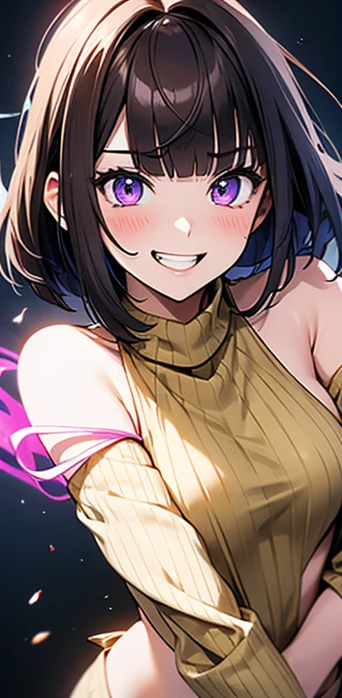 (8K、highest quality、masterpiece:1.2)、Super detailed、super resolution、Realistic、(1girl)  、(purple hair)、short hair。(blunt bangs:1.5),pink eyes、(face focus,upper body),(glowing eyes:1.4),((Brown sweater: 1.3))、(grin:1.3),open mouth、cute face,blush、small breasts,(simple background),((virgin destroyer sweate))