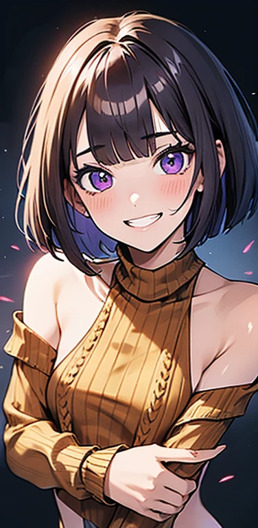 (8K、highest quality、masterpiece:1.2)、Super detailed、super resolution、Realistic、(1girl) 、(purple hair)、short hair。(blunt bangs:1.5),pink eyes、(face focus,upper body),(glowing eyes:1.4),((Brown sweater: 1.3))、(grin:1.3),open mouth、cute face,blush、small breasts,(simple background),((virgin destroyer sweate))