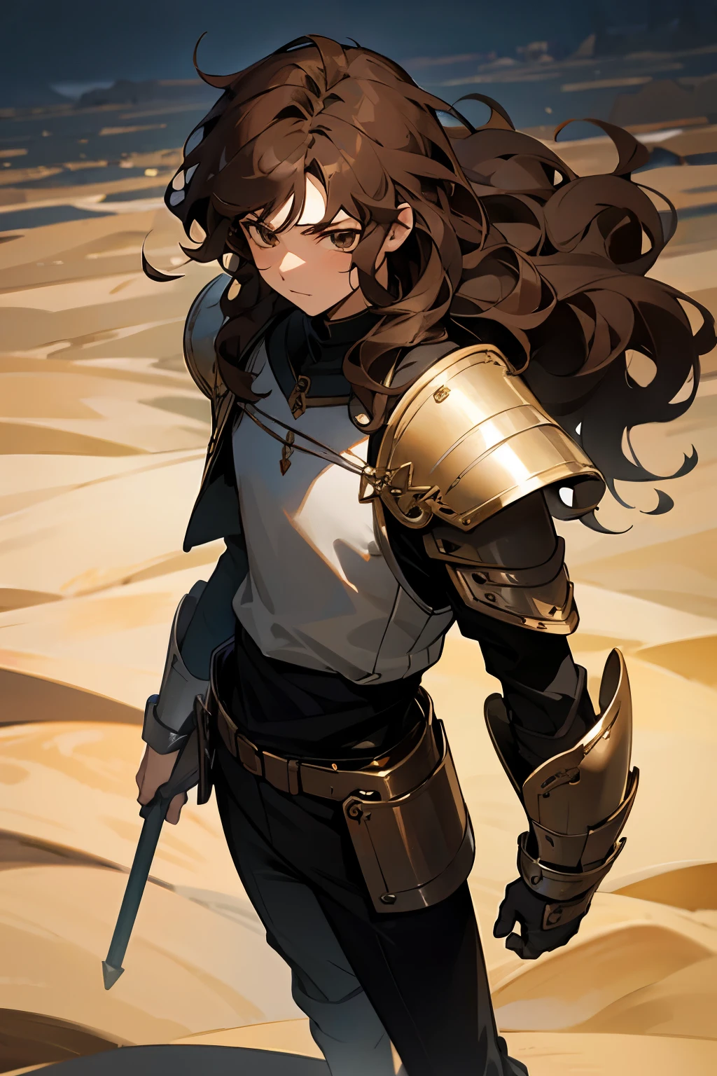 avatar, brown hair, long hair, young male, black outfit, white shirt, brown eyes, desert background, wavy hair, armor piece,
