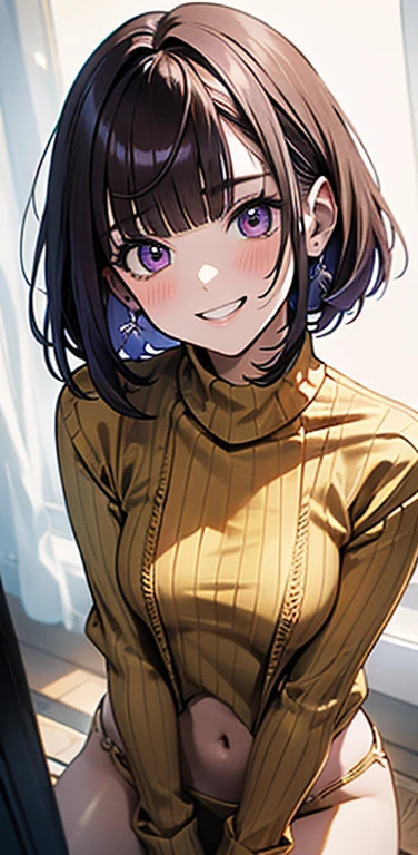 (8K、highest quality、masterpiece:1.2)、Super detailed、super resolution、Realistic、(1girl)  、(purple hair)、short hair。(blunt bangs:1.5),pink eyes、(face focus,upper body),(glowing eyes:1.4),((Brown sweater: 1.3))、(grin:1.3),open mouth、cute face,blush、small breasts,(simple background),((virgin destroyer sweate))