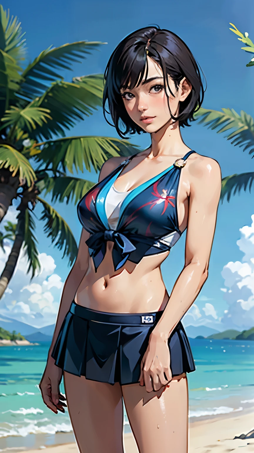(highest quality, masterpiece, High resolution)、4K Anime Art、(1 beautiful Japan woman、20-year-old)、(whole bodyポートレート、Natural standing posture)、Detailed depiction of a beautiful face、Smiling Kindly、Small breasts、Slim figure、((Cat ear))、Medium Short Hair、semi-long、Hair Bun、Wet 水着、bikini、One piece swimsuit、A pareo skirt with ethnic patterns and primary colors、Realistic Skin、Wet、whole body、No zoom、No close-ups、Pool、(((Blank Background)))、(((White Background)))、