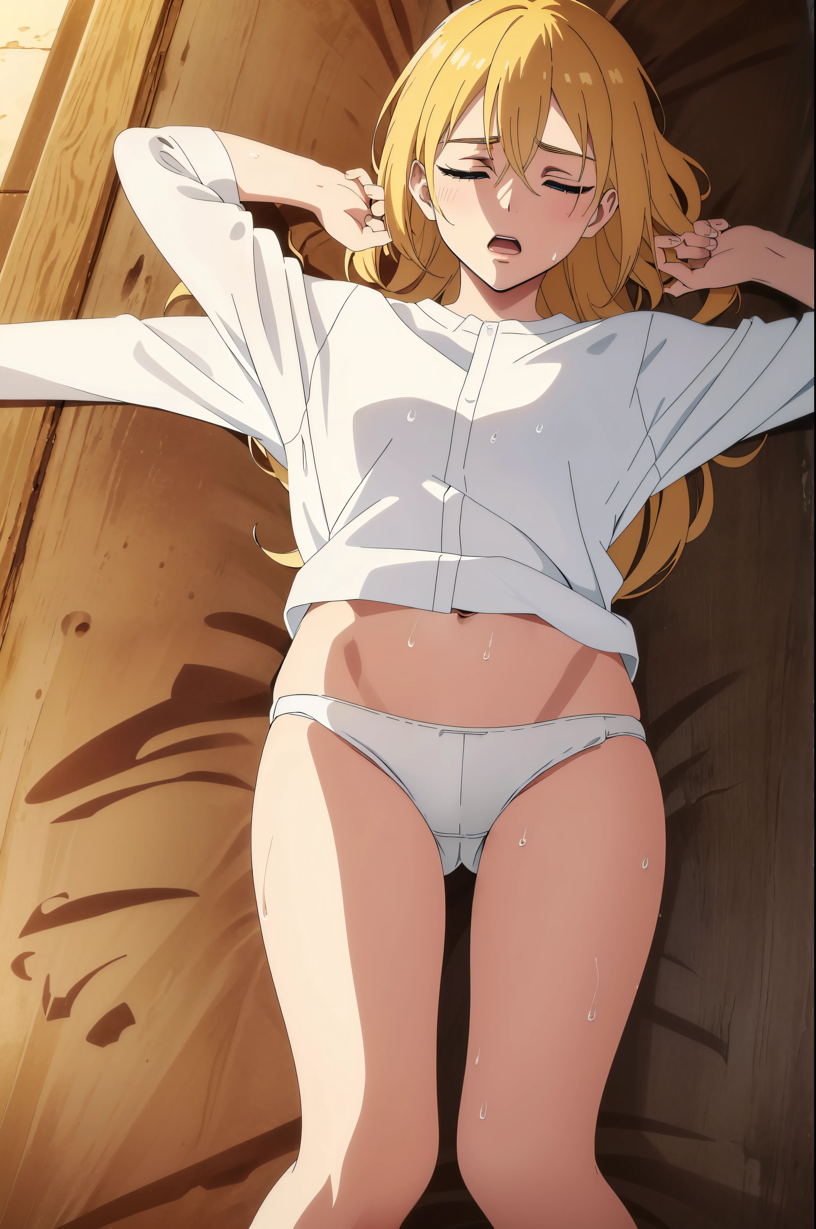 highest quality, masterpiece, High resolution,８K,beautiful light, alone,(Attack on Titan),Kings history,official art,fall into one&#39;Came back,(((close your eyes))),(close one eye),open your mouth,(slender body）,(((white panties))),legs closed,(Perfect shirt),perfect thighs,perfect waist,(perfect eyes),perfect arms,blonde,blush,blue eyes,wet skin,Medium chest,,perfect upper arms,looking at the viewer