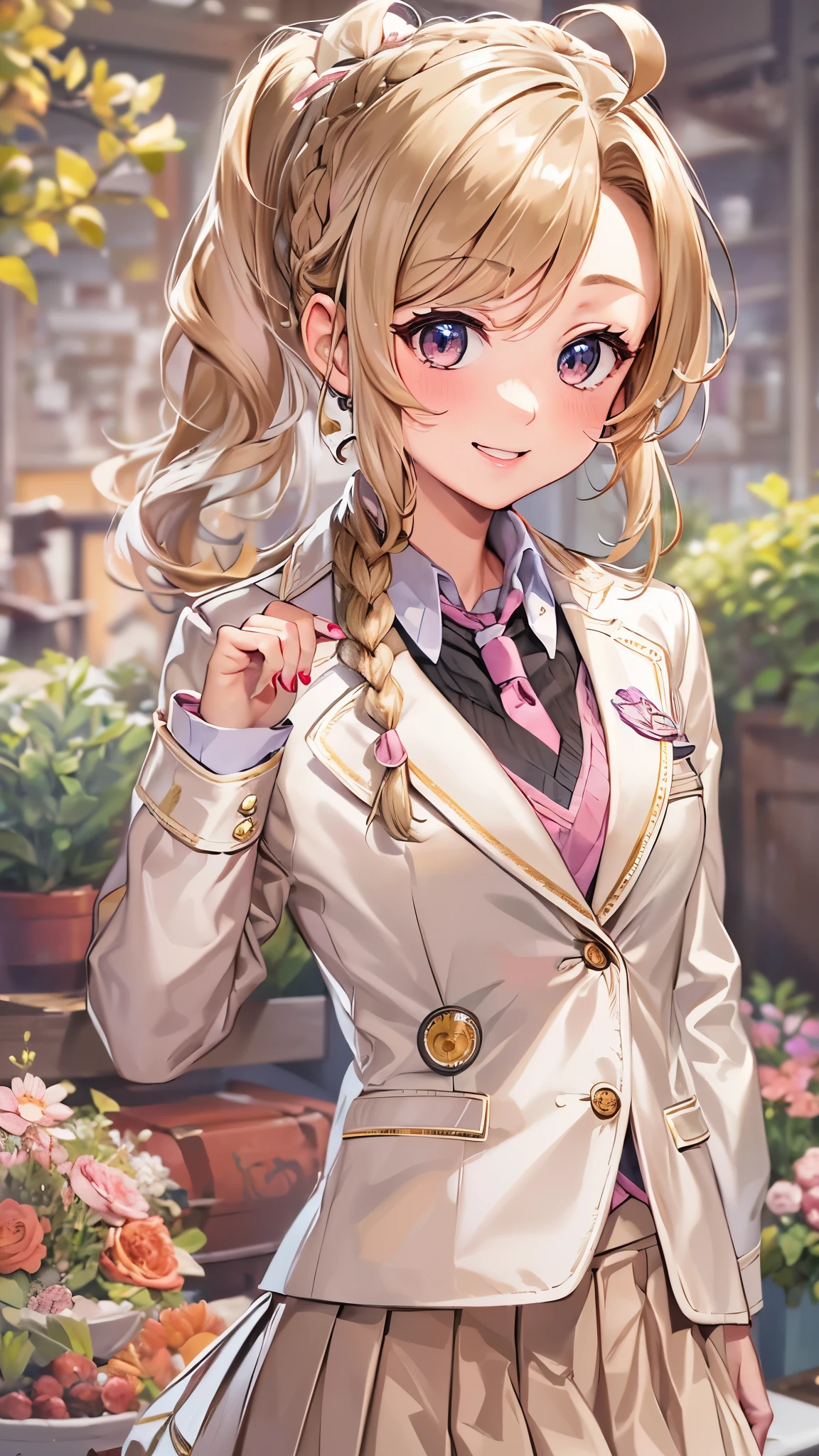 perfect anatomy, masterpiece:1.2, best quality, 8k, beautiful detailed grow, daydreaming expression, ((brown skin)) (solo blonde wavy hair, ponytail, (braid ponytail) cute kawaii girl, hair ribbon, beautiful brown eyes, (happy smile), (beige blazer: 1.2), (gray pleats skirt: 1.3), (pink tie), button gap, break, in the enchanted garden.