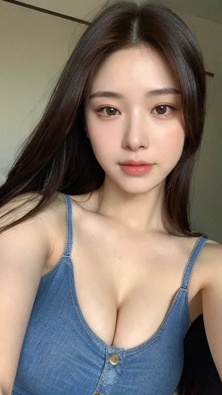 (lifelike, High resolution:1.3), 1 Girl with perfect body, very detailed face and eyes,long hair, random color tank top:1.2, short jeans, big ,expose cleavage