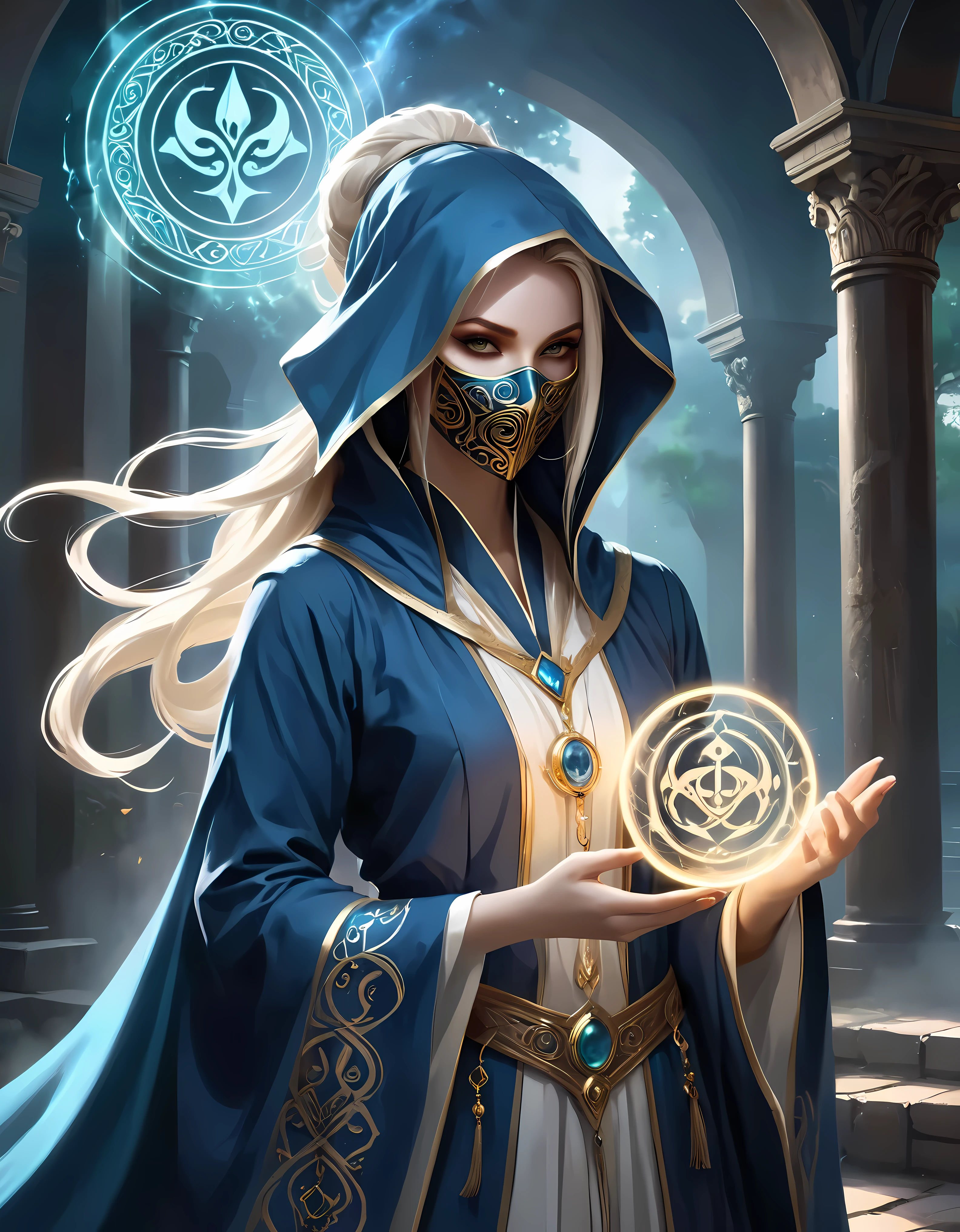 Title: "Veiled Enchantment: Conjuring the Magic Circle with a Masked Mage"

Prompt:

1. Begin by crafting a masked female mage: standing tall and imposing, her features obscured by an ornate mask adorned with intricate designs.

2. Design the mage's attire: flowing robes embellished with symbols and sigils, hinting at her proficiency in the arcane arts.

3. Render the mask with realism and detail, incorporating subtle textures and reflections to convey its craftsmanship and mystique.

4. Position the mage above the magic circle, her stance commanding and poised, as she prepares to unleash her powers upon the world.

5. Create the magic circle with meticulous precision: concentric rings of glowing runes and inscriptions etched into the ground, radiating with ethereal light.

6. Ensure the runes and inscriptions are legible yet cryptic, hinting at ancient languages and forgotten spells.

7. Illuminate the magic circle with a soft, pulsating glow, casting shadows and highlights that dance across the surrounding environment.

8. Integrate the mage's presence into the scene: subtle gestures and movements that indicate her control over the magic being channeled.

9. Consider the interaction between the mage and the magic circle: the intensity of her focus, the flow of energy between them, and the power she commands.

10. Surround the mage with elements of mystery and intrigue: swirling mists, flickering flames, or spectral apparitions that enhance the sense of enchantment.

11. Pay attention to lighting and shadows: position light sources to accentuate the mage's silhouette and the intricate details of the magic circle.

12. Maintain a balance between realism and fantasy, ensuring that the masked mage and her mystical surroundings evoke a sense of wonder and awe.

13. Throughout the process, prioritize attention to detail, composition, and the portrayal of the masked mage's enigmatic presence and mastery of the arcane.