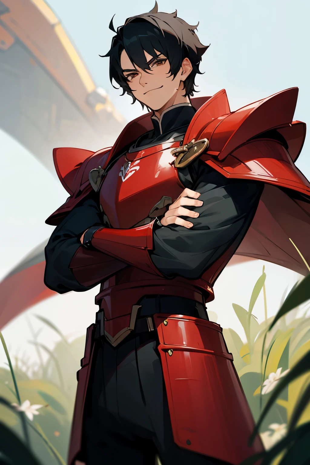 avatar, black hair, short hair, young male, black outfit, white shirt, brown eyes, grass background, curly hair, red armor piece, smirking