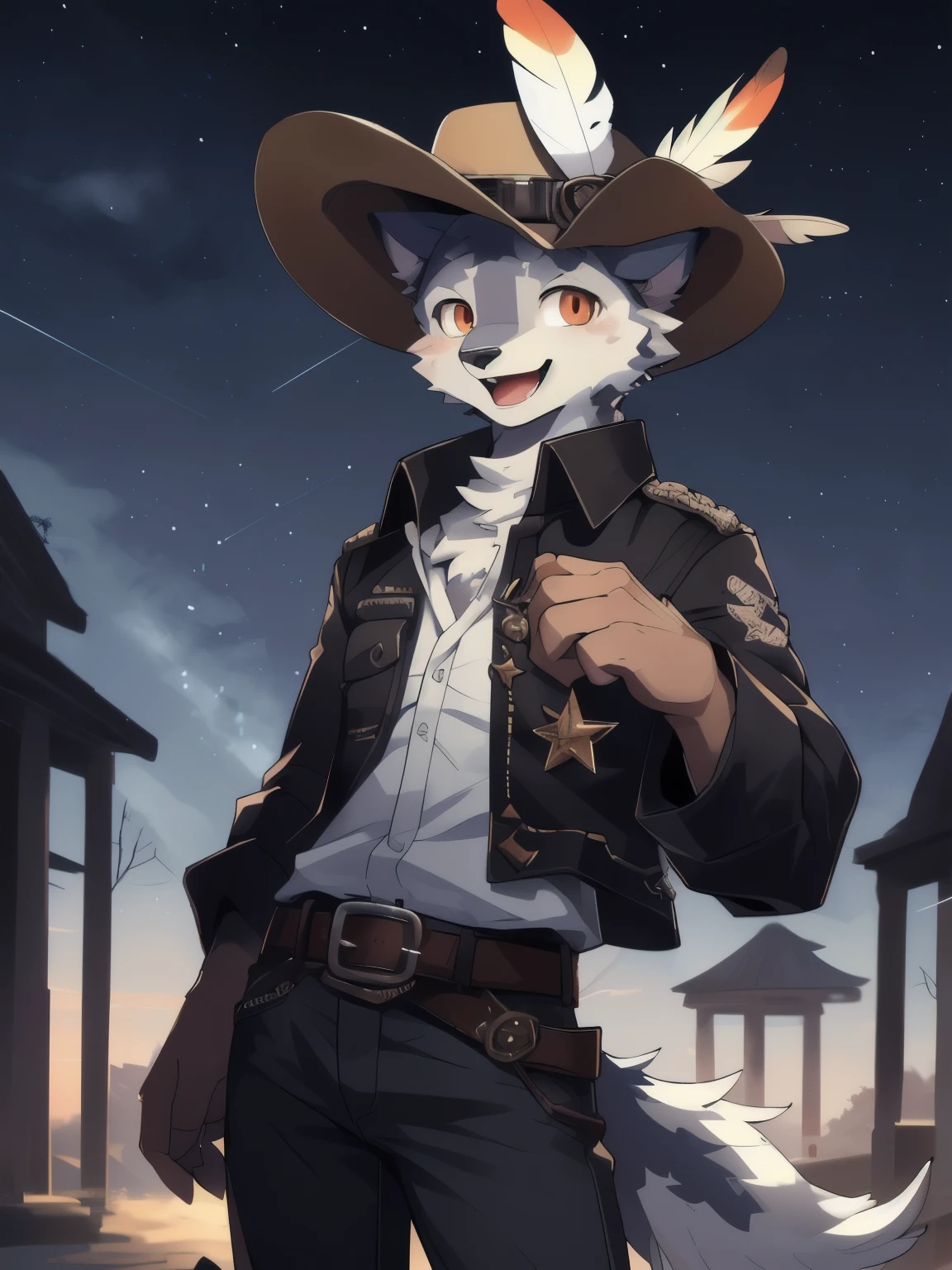 masterpiece, best quality, perfect anatomy, Bright Eyes, Provided by RUHU1145, 透过k0bit0wani, hairy, (moth:1.1),hat,(trigger:0.25), male,( alone:1.1), Loose clothing, (open smile:1.1), insidious , looking at camera), cowboy, (night view:0.4),Feathery antennae,solo, looking at viewer, smile, open mouth, shirt, Iong sleeves, 1boy, hat, animal ears, standing, jacket, tail, male focus, cowboy shot, outdoors, sky, collared shirt, belt, pants, orange eyes, night, feathers, star \(sky\), night sky, furry, buckle, starry sky, belt buckle, furry male, body fur,hat feather, white fur, pillar