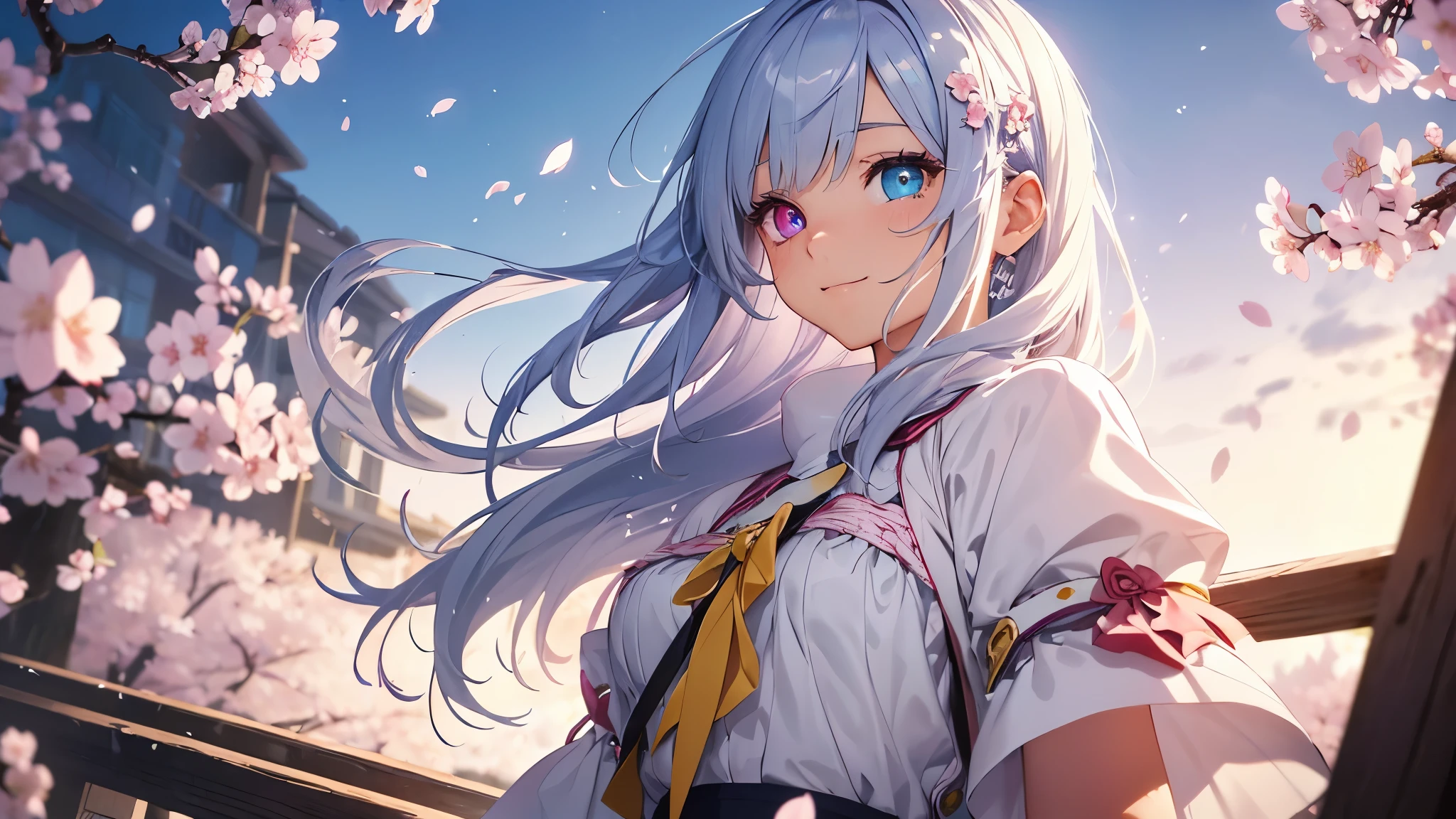 anime、Best quality、photorealistic、super detail、delicate、orderly、high detail、1 girl、bluish silver hair、(droopy iris of heterochromia,glowing eyes:1.4)、、10 years old、big smile、slender、blurred background、glow、shining hair、(spring、cherry blossom petals dancing in the wind、from above、There's a girl on the other side of the cherry blossoms:1.3),ambient occlusion、ambient light、raytracing reflections,