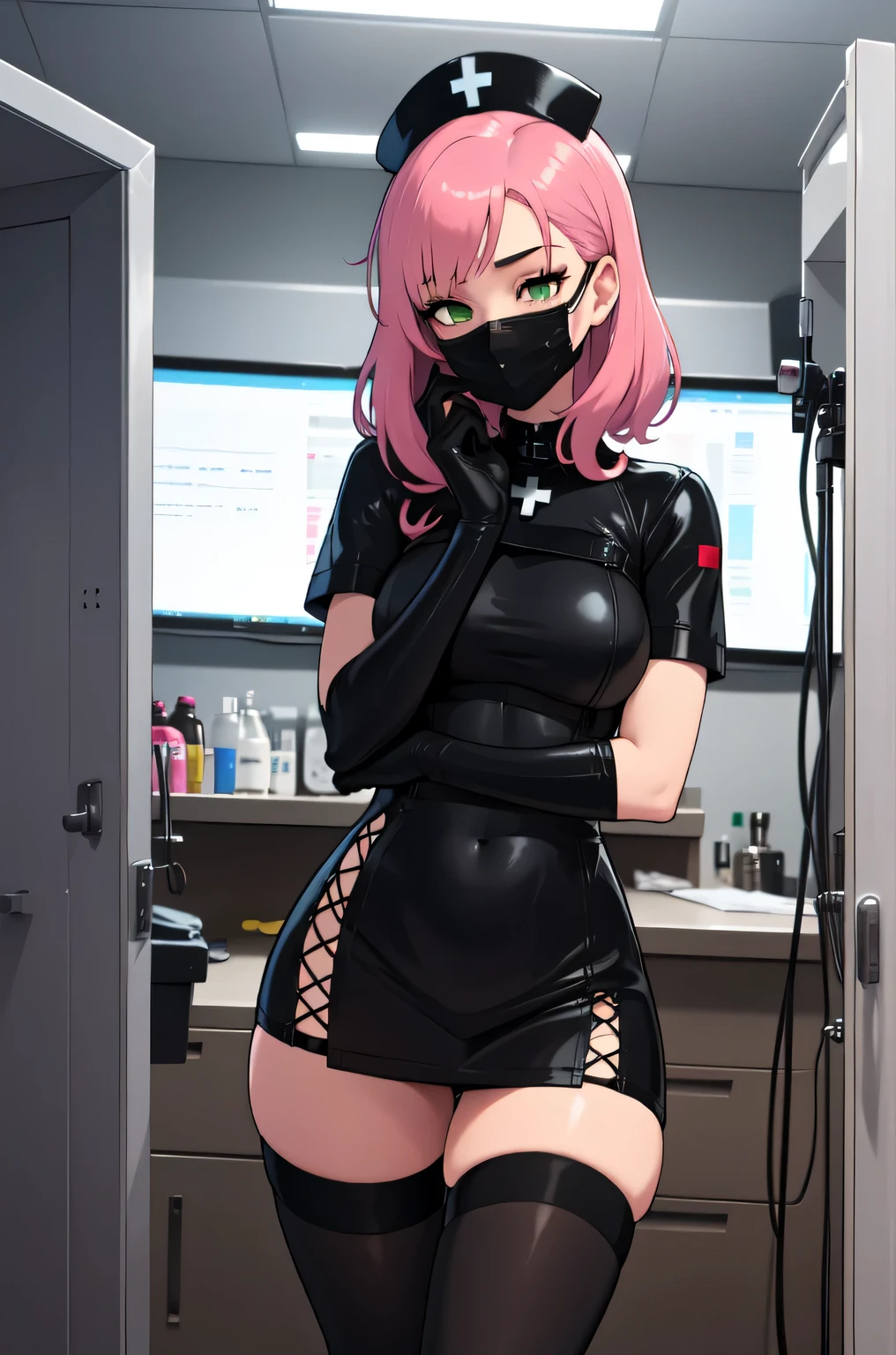 black nurse, 1girl, solo, black nurse cap, black nurse uniform, ((black legwear, zettai ryouiki)), black elbow gloves, pink hair, green eyes, drooping eyes, ((black surgical mask, covered nose)), standing, ((surgery room)), sharp outline, short sleeves, best quality, masterpiece