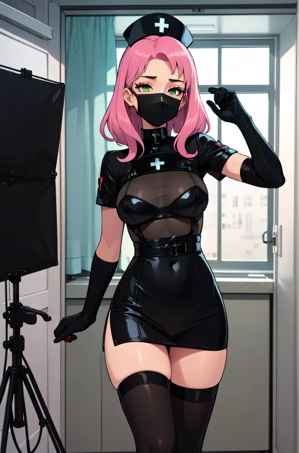 black nurse, 1girl, solo, black nurse cap, black nurse uniform, ((black legwear, zettai ryouiki)), black elbow gloves, pink hair, green eyes, drooping eyes, ((black surgical mask, covered nose)), standing, ((surgery room)), sharp outline, short sleeves, best quality, masterpiece