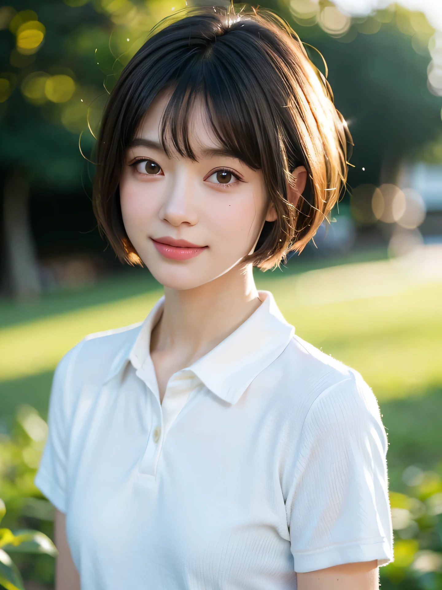 masterpiece, Best Quality, Raw photo, 8K, 1girl, Beautiful detailed skin, backlight, soft light, bashful, embarrassed, smile, Luminescent, Anatomically correct, short hair, bangs, Eyes and faces with detailed, Textured skin, Professional Photography, Bokeh, Portrait, Professional Lighting, Solo, Cute, Girly, Film grain, (School Uniforms:1.2),