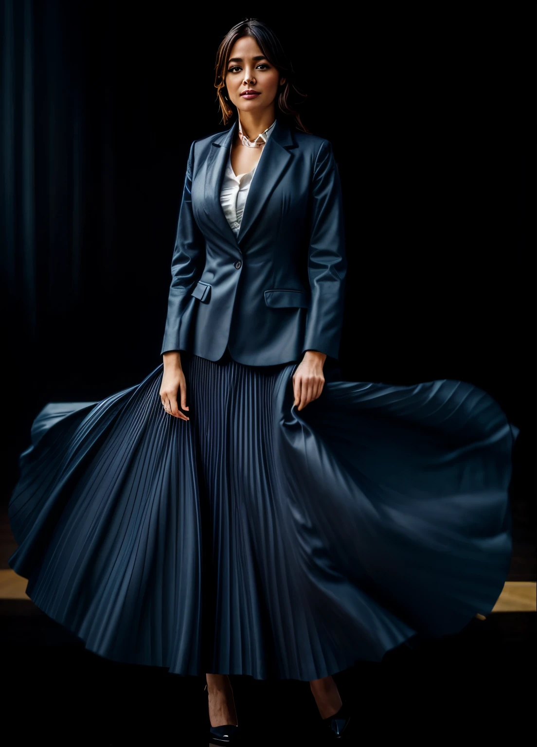 A smiling, authentic, (shy:1,3), kind, beautiful woman, is passionately in love with her skirt, touching herself while wind lifts her skirt, wearing short blazer and very, very detailed (long (fully pleated) full circle skirt) and (low heeled court shoes), very, very intricate hyper-detailed symmetric (attractive graceful young feminine face) with (sad, tired eyes and a loving smile), very voluptuous breasts, full of empathy and compassion and love, (pronounced (feminine) features), (highly detailed ultra accurate realistic) hands and fingers, (windy), epic composition, highly detailed attributes, (35mm f1.4 Kodak portra 400 photograph), extremely high quality RAW photograph, highly detailed atmosphere, sci-fi, cinematic shot, dynamic lighting, 75mm, Technicolor, Panavision, cinemascope, sharp focus, fine details, 8k, HDR, realism, realistic, key visual, film still, superb cinematic color grading, depth of field