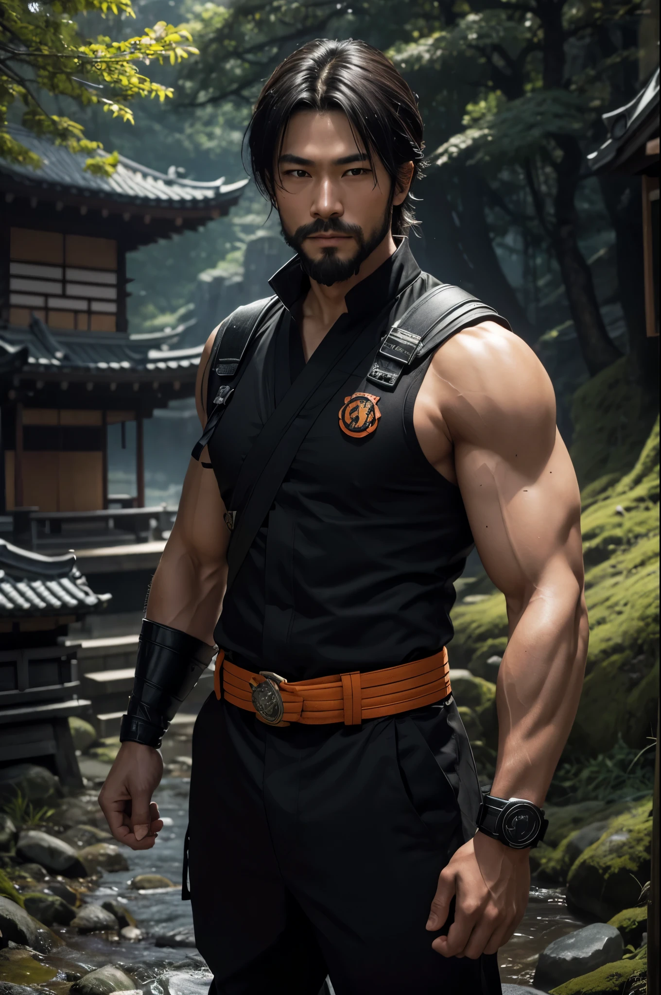 8k,派手な茶色のミディアムボブヘアの若いアジアpeopleの青年(24-years-old),challenging atmosphere,muscular slim body,super realistic skin,Severely cracked abdominal muscles,black and orange combat uniform,white inner shirt,black and orange combat pants,Carrying a large and long Japanese sword,naughty smile,Big eyes,black eye,Wear black combat uniform to hide your body,perfect hand shapeの詳細,comical pose,masterpiece,Photorealistic RAW photos of the highest quality。bright colors,rich colors, Backlight, cinematic lighting, film grain, to be born, 50mm lens, Nikon D850,detailed character art,fantasy art,ultra high resolution,super realistic skin,perfect hand shape,mountain path,people4(Hanamura Yosuke),wild(super realistic skin),one point beard,アジアpeople,abandoned temple,white shirt,Big eyes,