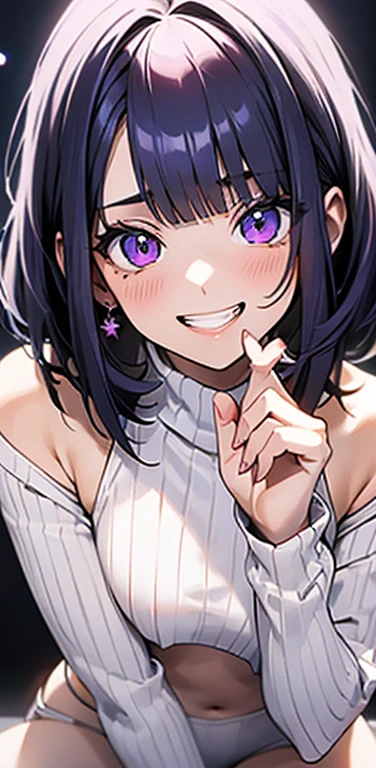 (8K、highest quality、masterpiece:1.2)、Super detailed、super resolution、Realistic、(1girl)  、(purple hair)、short hair。(blunt bangs:1.5),pink eyes、(face focus,upper body),(glowing eyes:1.4),((white sweater: 1.3))、(grin:1.3),open mouth、cute face,blush、small breasts,(simple background),((virgin destroyer sweate))