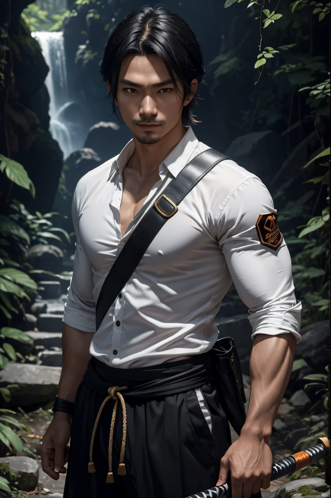 8k,派手な茶色のミディアムボブヘアの若いアジアpeopleの青年(24-years-old),challenging atmosphere,muscular slim body,super realistic skin,Severely cracked abdominal muscles,black and orange combat uniform,white inner shirt,black and orange combat pants,Carrying a large and long Japanese sword,naughty smile,Big eyes,black eye,Wear black combat uniform to hide your body,perfect hand shapeの詳細,comical pose,masterpiece,Photorealistic RAW photos of the highest quality。bright colors,rich colors, Backlight, cinematic lighting, film grain, to be born, 50mm lens, Nikon D850,detailed character art,fantasy art,ultra high resolution,super realistic skin,perfect hand shape,mountain path,people４(Hanamura Yosuke),wild(super realistic skin),one point beard,アジアpeople,abandoned temple,white shirt,Big eyes,