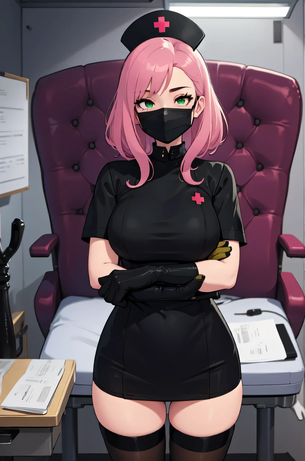 black nurse, 1 female, alone, black nurse cap, Black Wear, ((black legwear, zettai ryouiki)), black elbow gloves, long hair, purple hair, red eyes, ((Black surgical mask, Covered nose)), Are standing, ((operating room)), sharp outline, short sleeve, mature woman, 35 years old, highest quality, masterpiece