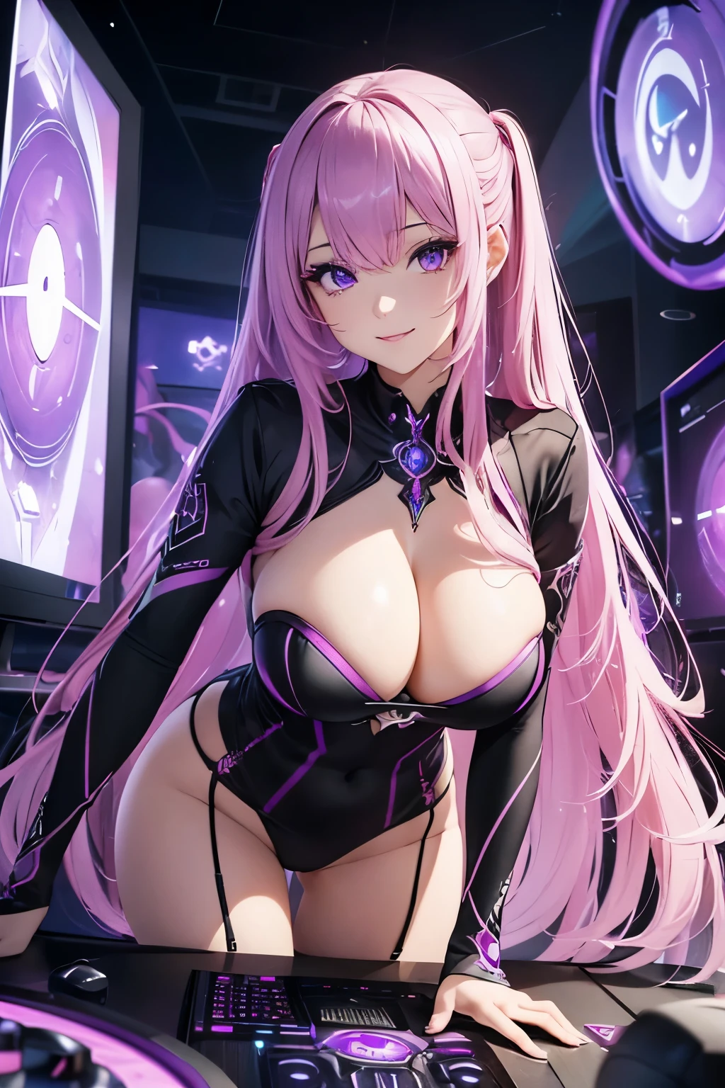 1girl (masterpiece, round_iris, extremely crisp crystalline shiny purple eyes, perfect_anatomy, extremely_captivating_hypnotic_mystic_eyes, ) perfect face, long pink hair, smiling evil, big breasts, gamer girl, gaming room, dynamic pose, best quality, 4k